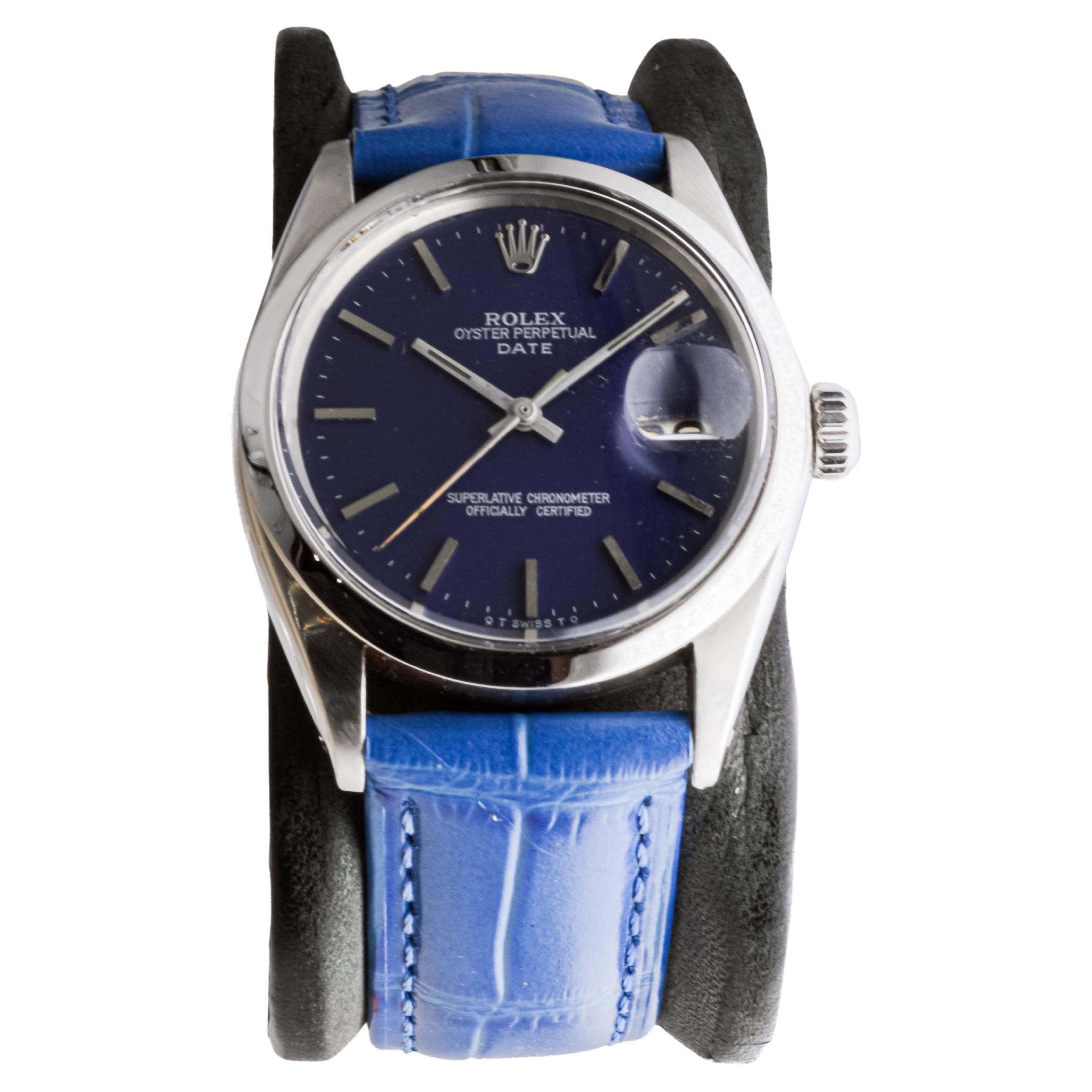 Modern Rolex Steel Oyster Perpetual Date with Custom Made Navy Blue Dial circa, 1970's For Sale