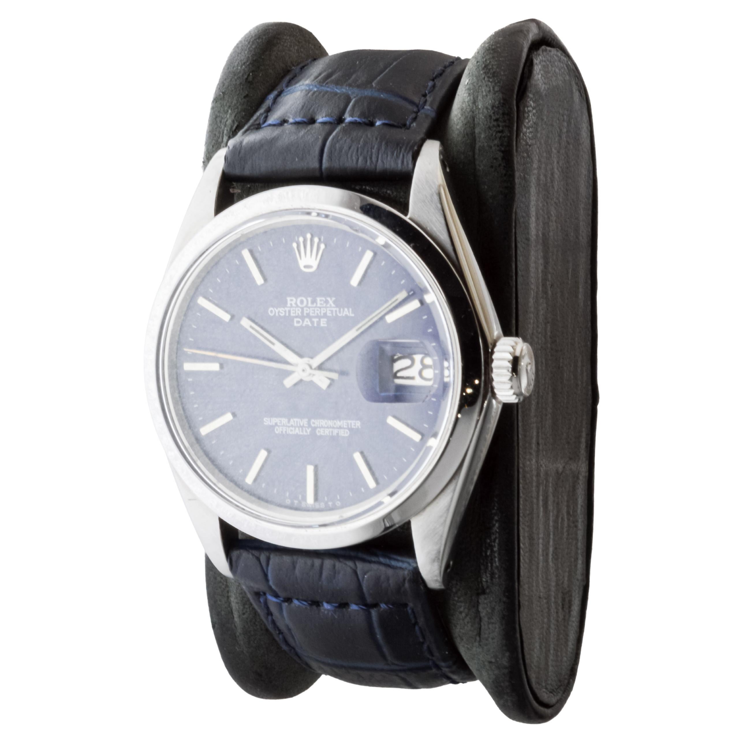 Modern Rolex Steel Oyster Perpetual Date with Custom Made Navy Blue Dial circa, 1970's For Sale