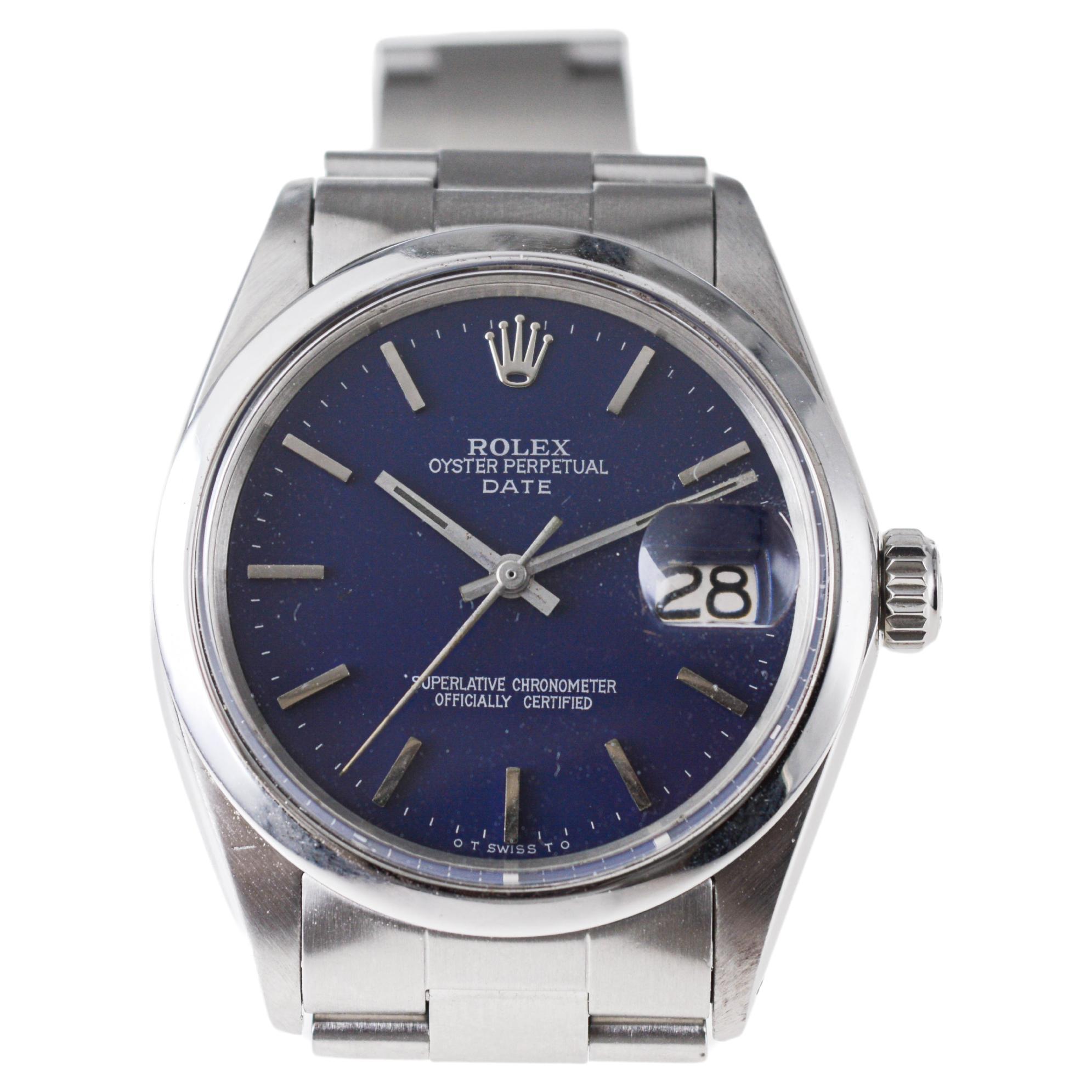 Modern Rolex Steel Oyster Perpetual Date with Custom Made Navy Blue Dial circa, 1970's For Sale
