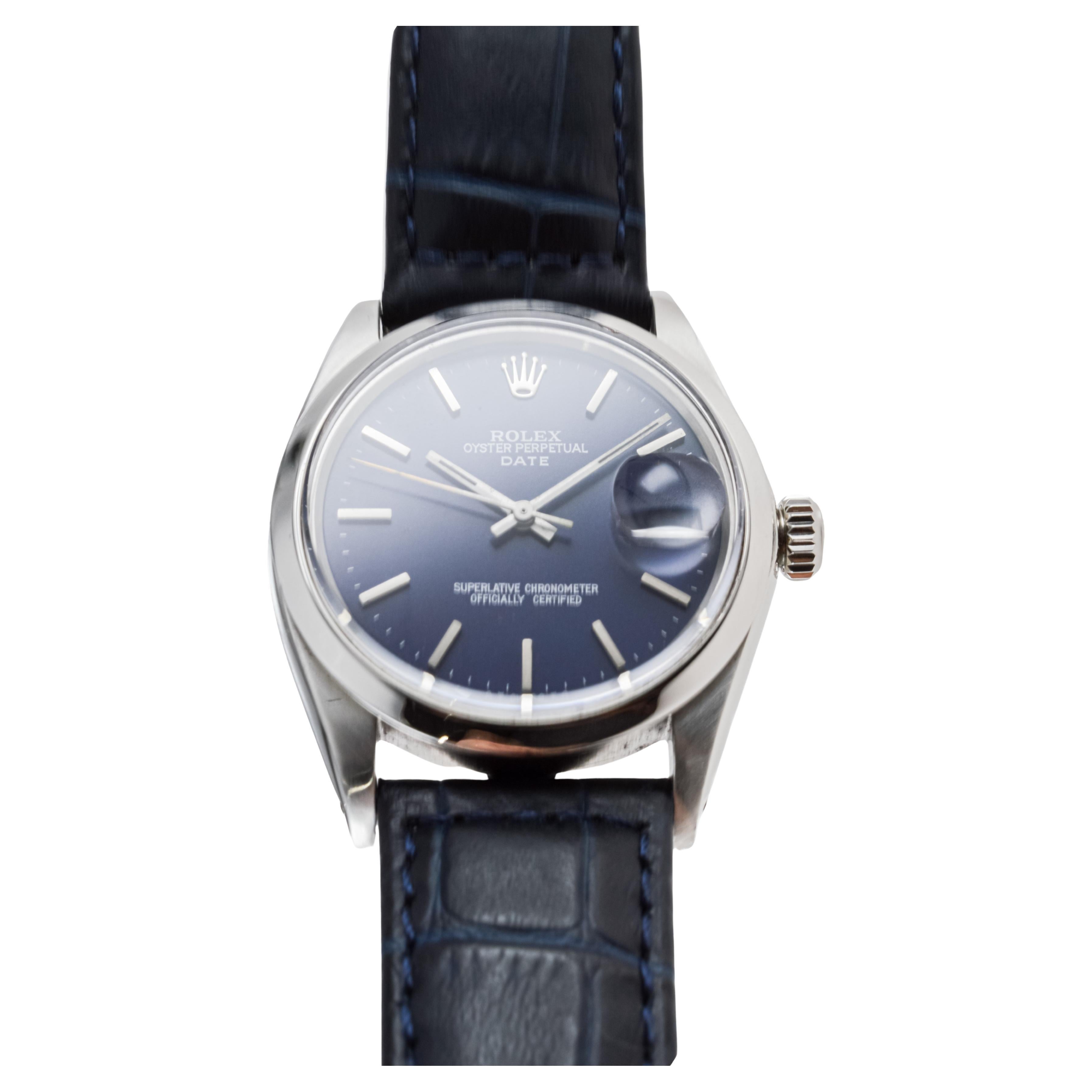 Rolex Steel Oyster Perpetual Date with Custom Made Navy Blue Dial circa, 1970's In Excellent Condition For Sale In Long Beach, CA