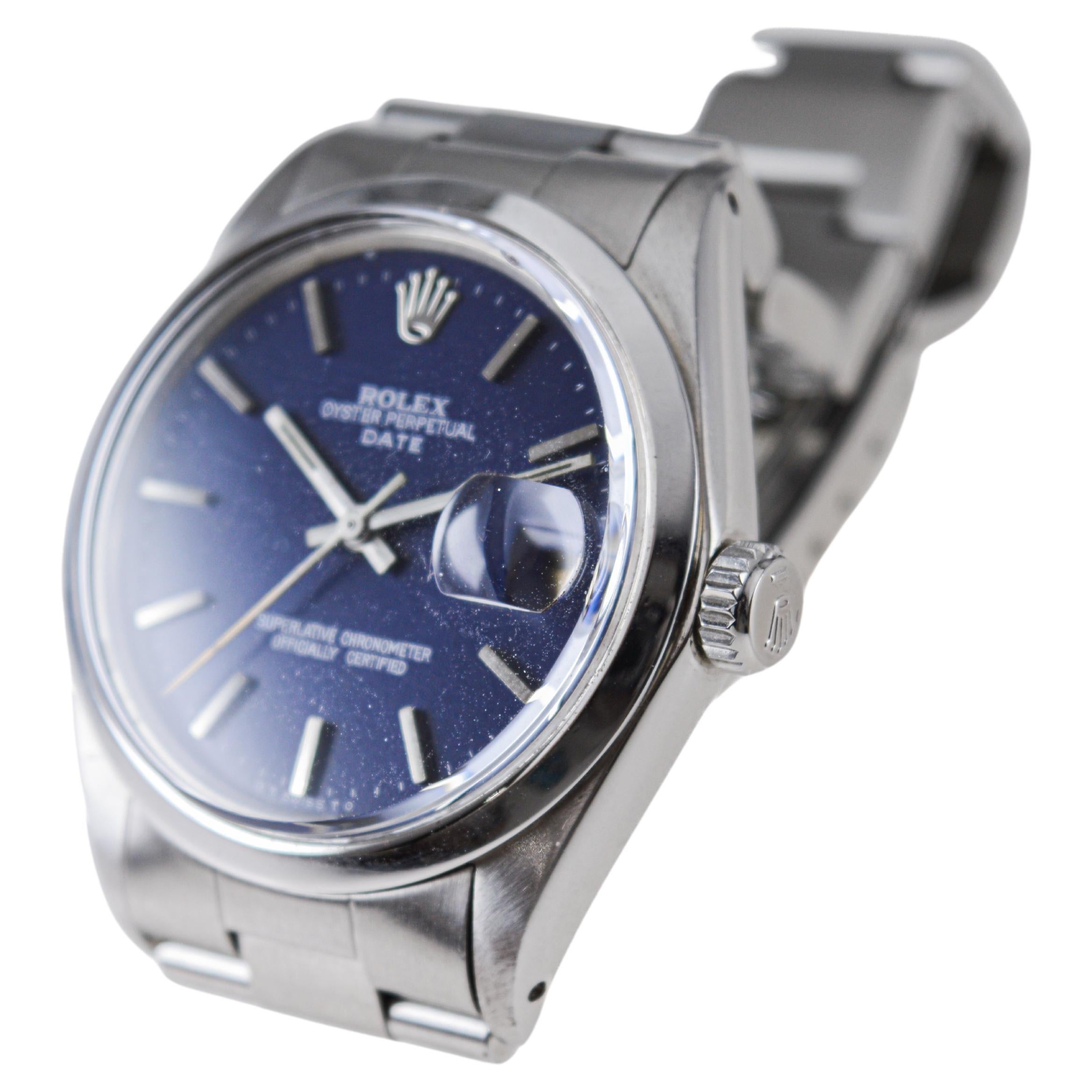 Modern Rolex Steel Oyster Perpetual Date with Custom Made Navy Blue Dial circa, 1970's For Sale