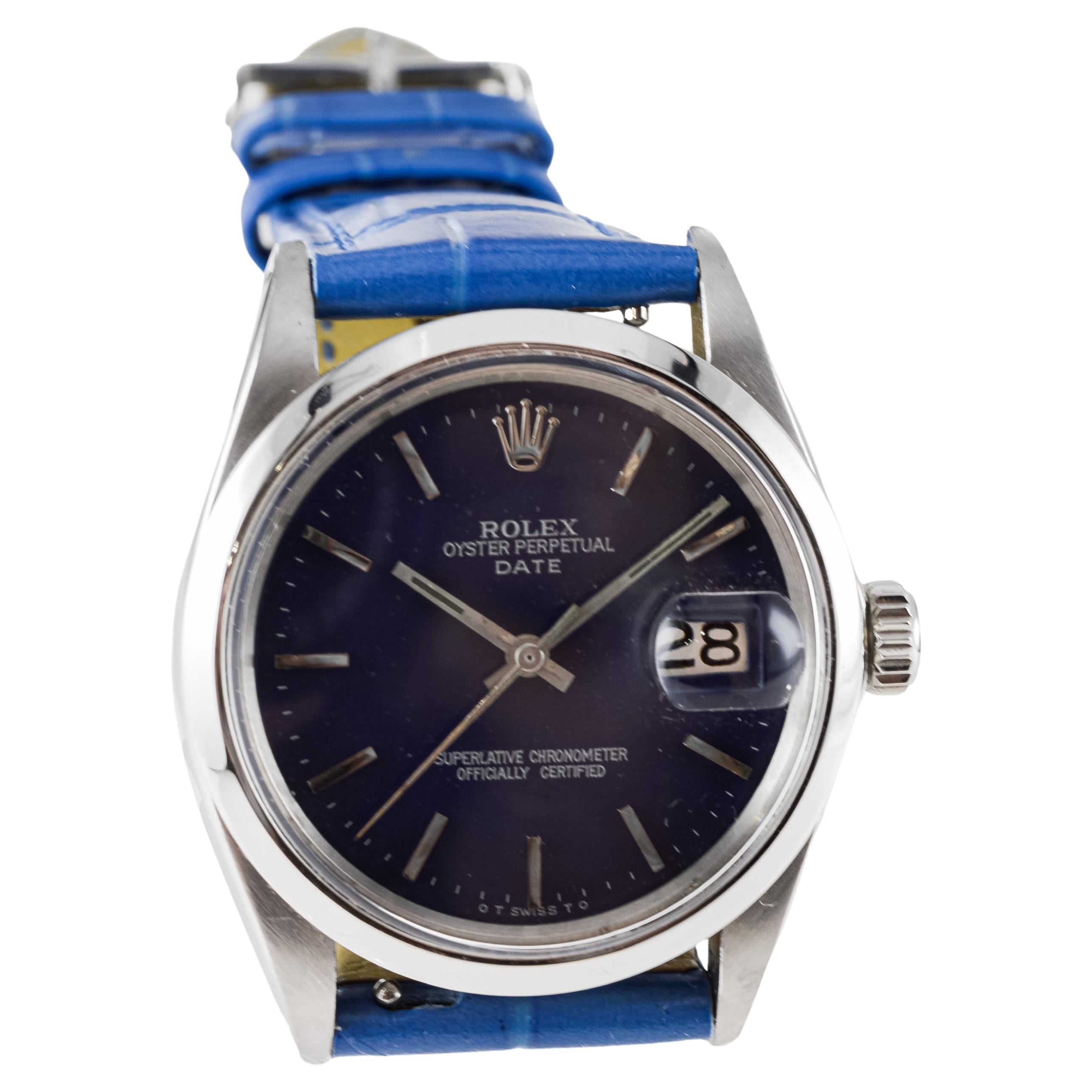 Women's or Men's Rolex Steel Oyster Perpetual Date with Custom Made Navy Blue Dial circa, 1970's For Sale