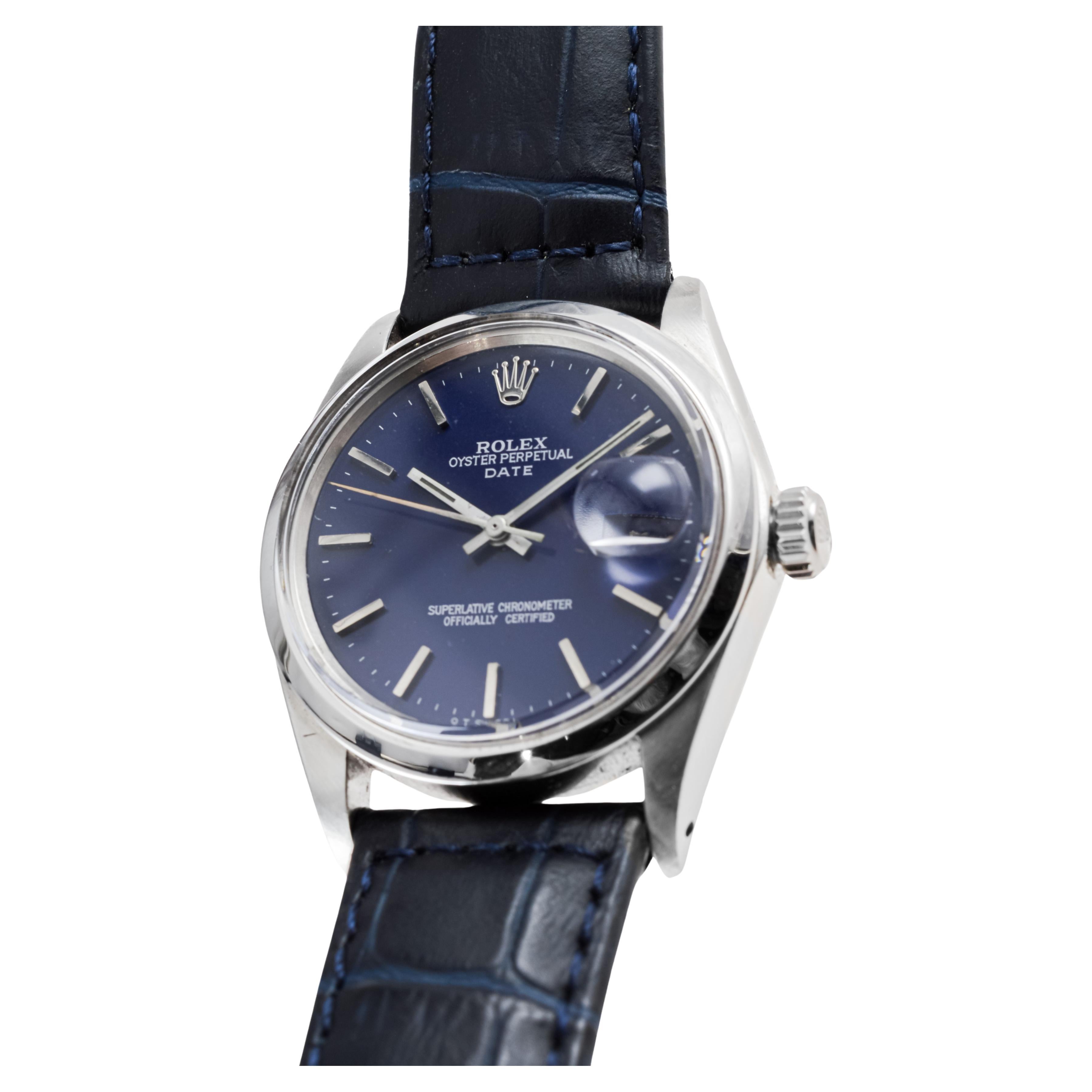 Women's or Men's Rolex Steel Oyster Perpetual Date with Custom Made Navy Blue Dial circa, 1970's For Sale