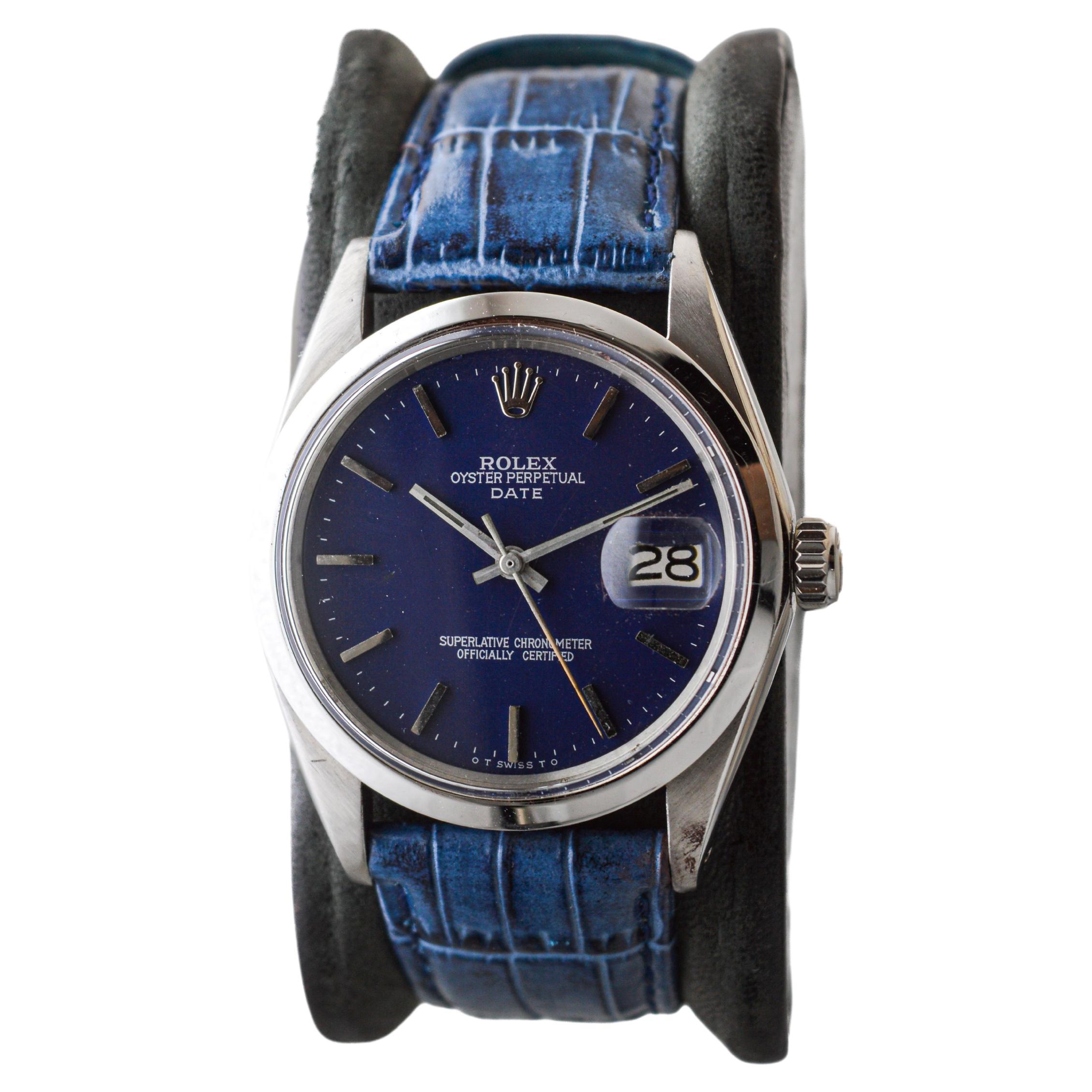 Rolex Steel Oyster Perpetual Date with Custom Made Navy Blue Dial circa, 1970's For Sale 1