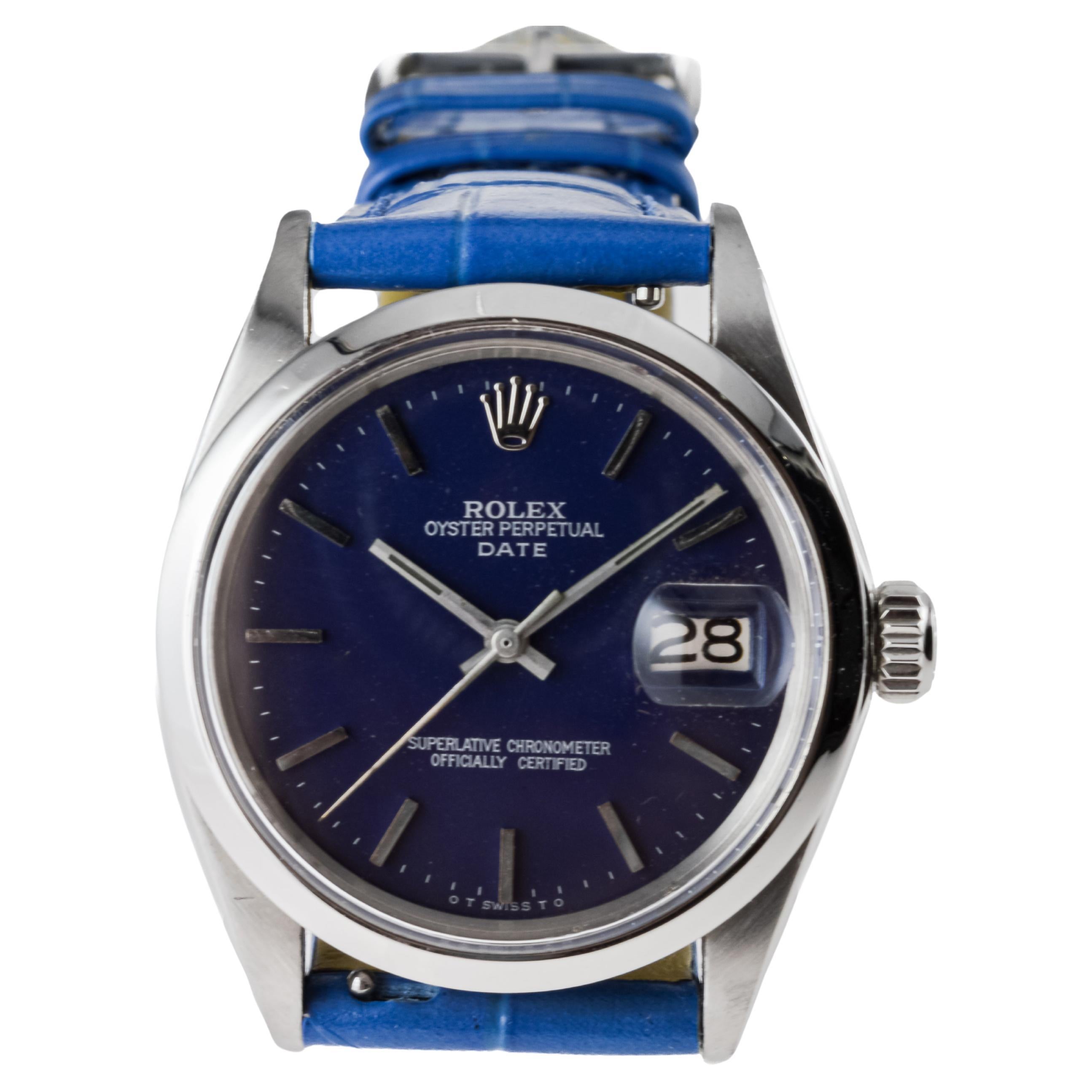 Rolex Steel Oyster Perpetual Date with Custom Made Navy Blue Dial circa, 1970's For Sale 1