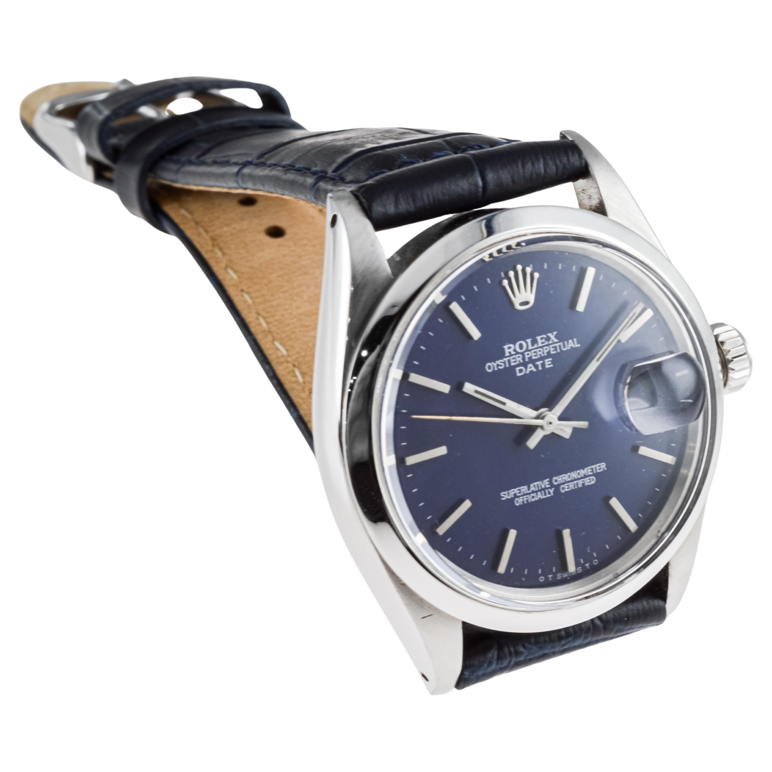 Rolex Steel Oyster Perpetual Date with Custom Made Navy Blue Dial circa, 1970's For Sale 1