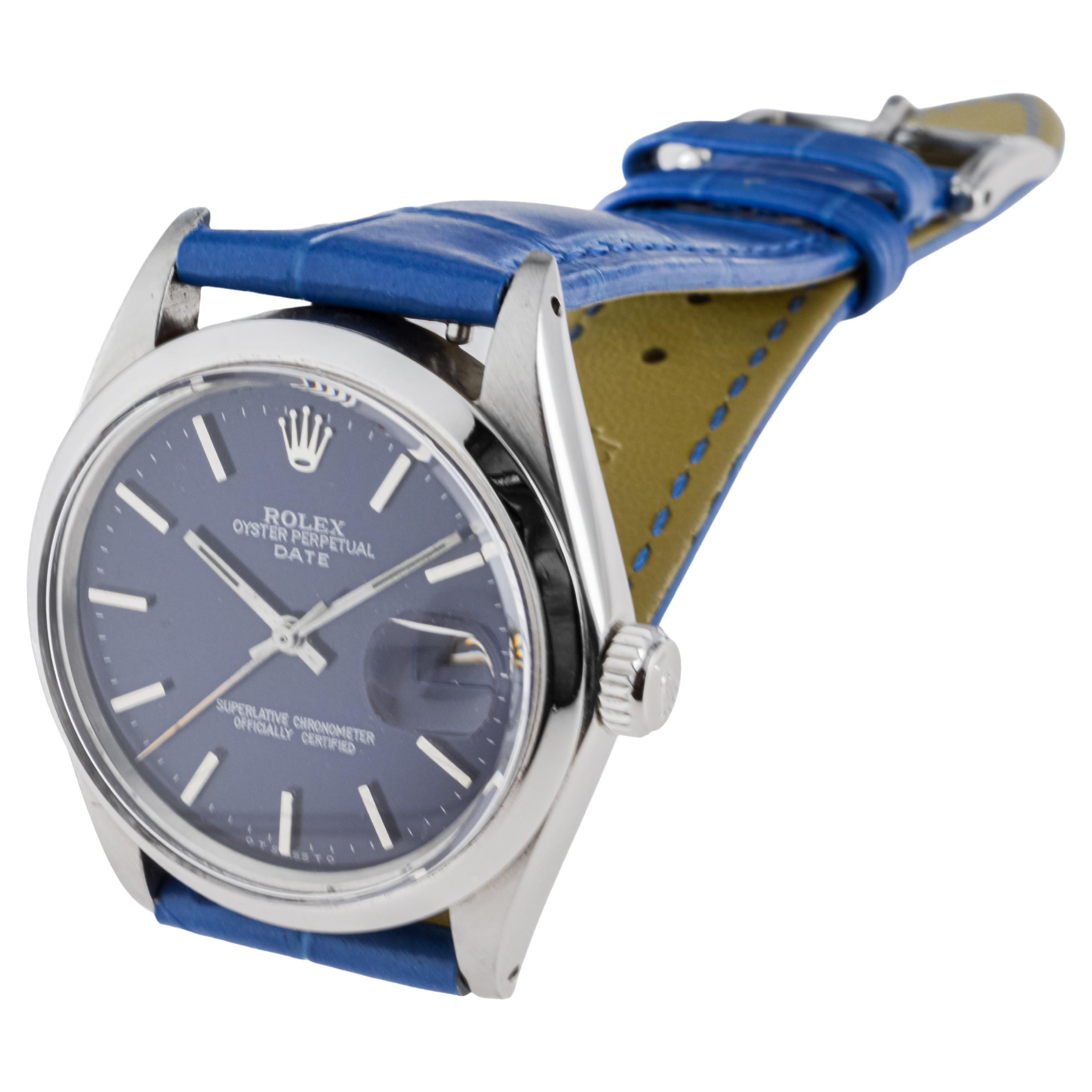 Rolex Steel Oyster Perpetual Date with Custom Made Navy Blue Dial circa, 1970's For Sale 2