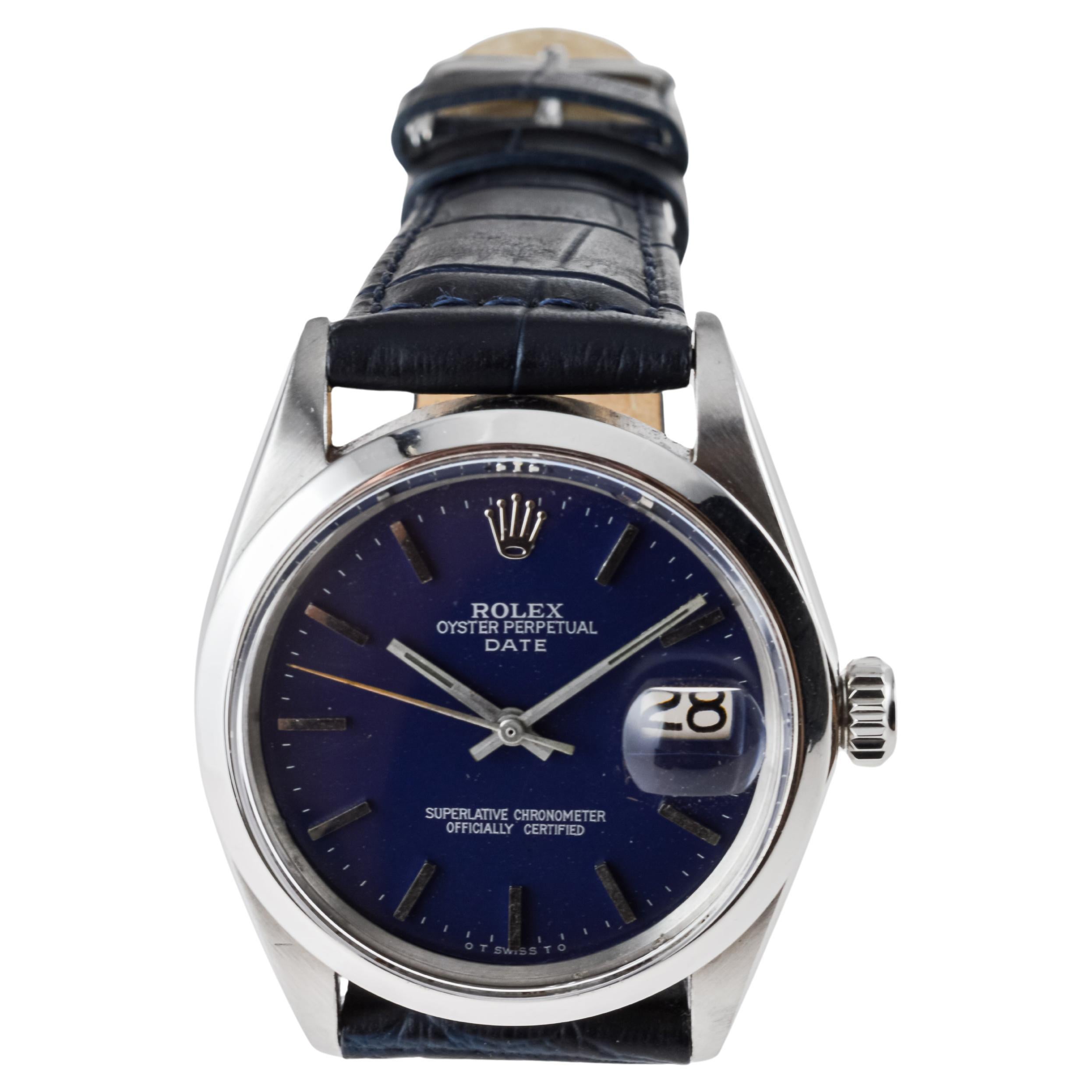 Rolex Steel Oyster Perpetual Date with Custom Made Navy Blue Dial circa, 1970's For Sale 2