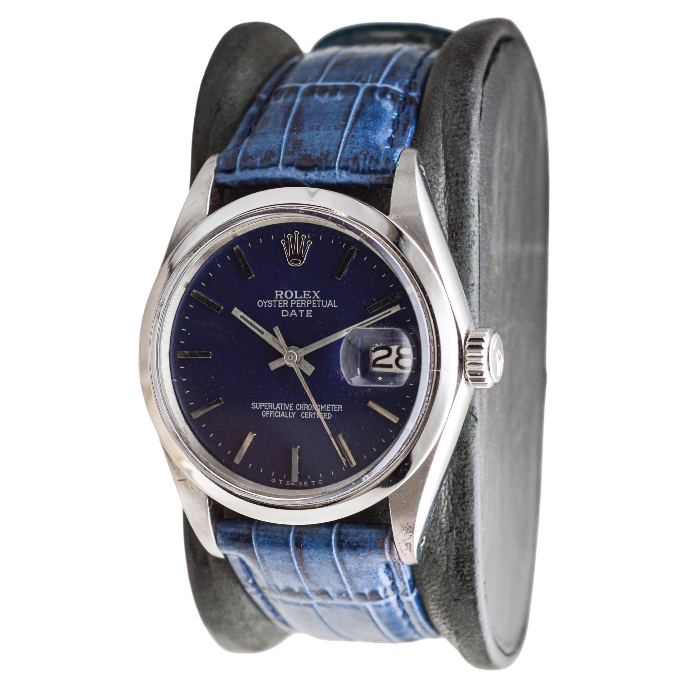 Rolex Steel Oyster Perpetual Date with Custom Made Navy Blue Dial circa, 1970's For Sale 3