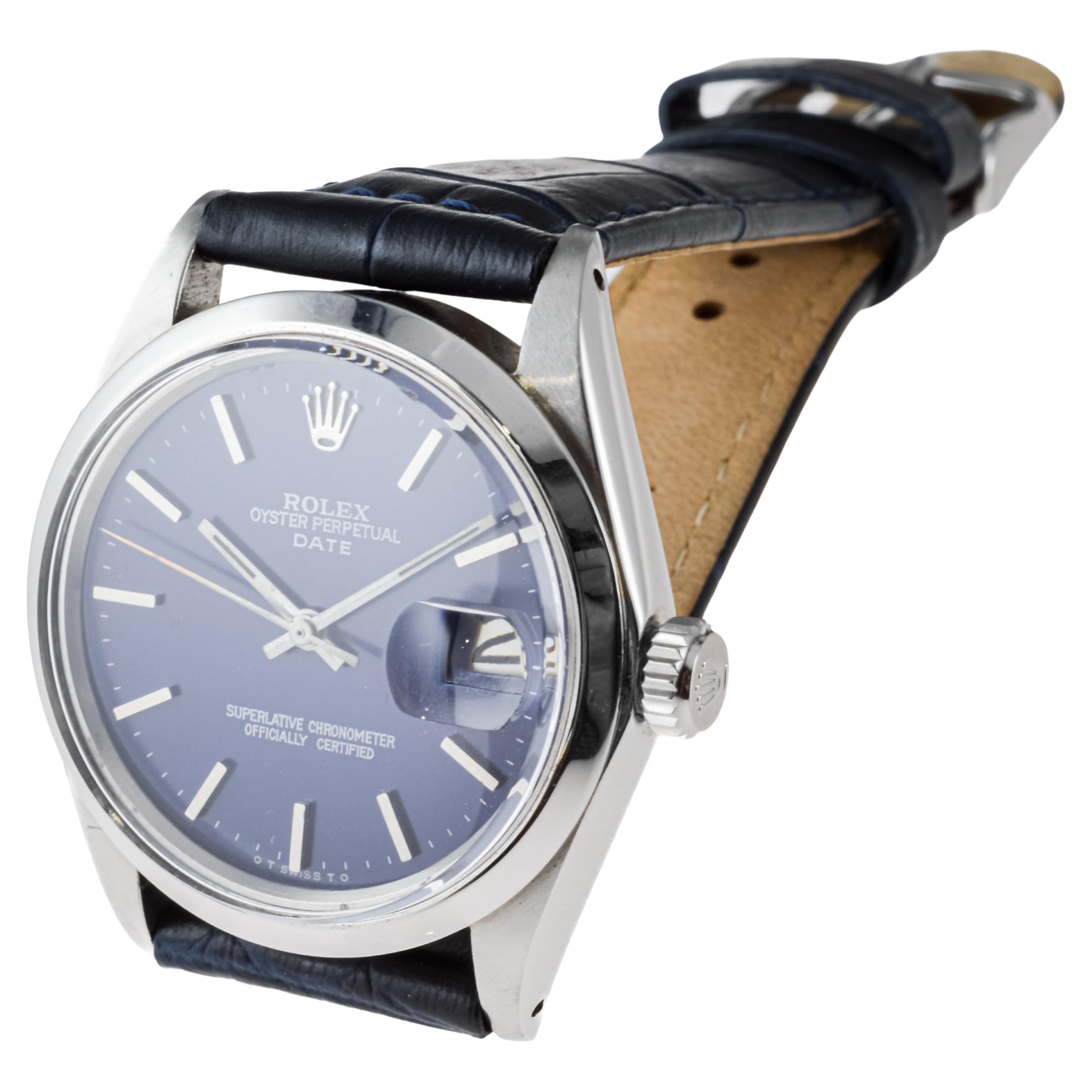 Rolex Steel Oyster Perpetual Date with Custom Made Navy Blue Dial circa, 1970's For Sale 3