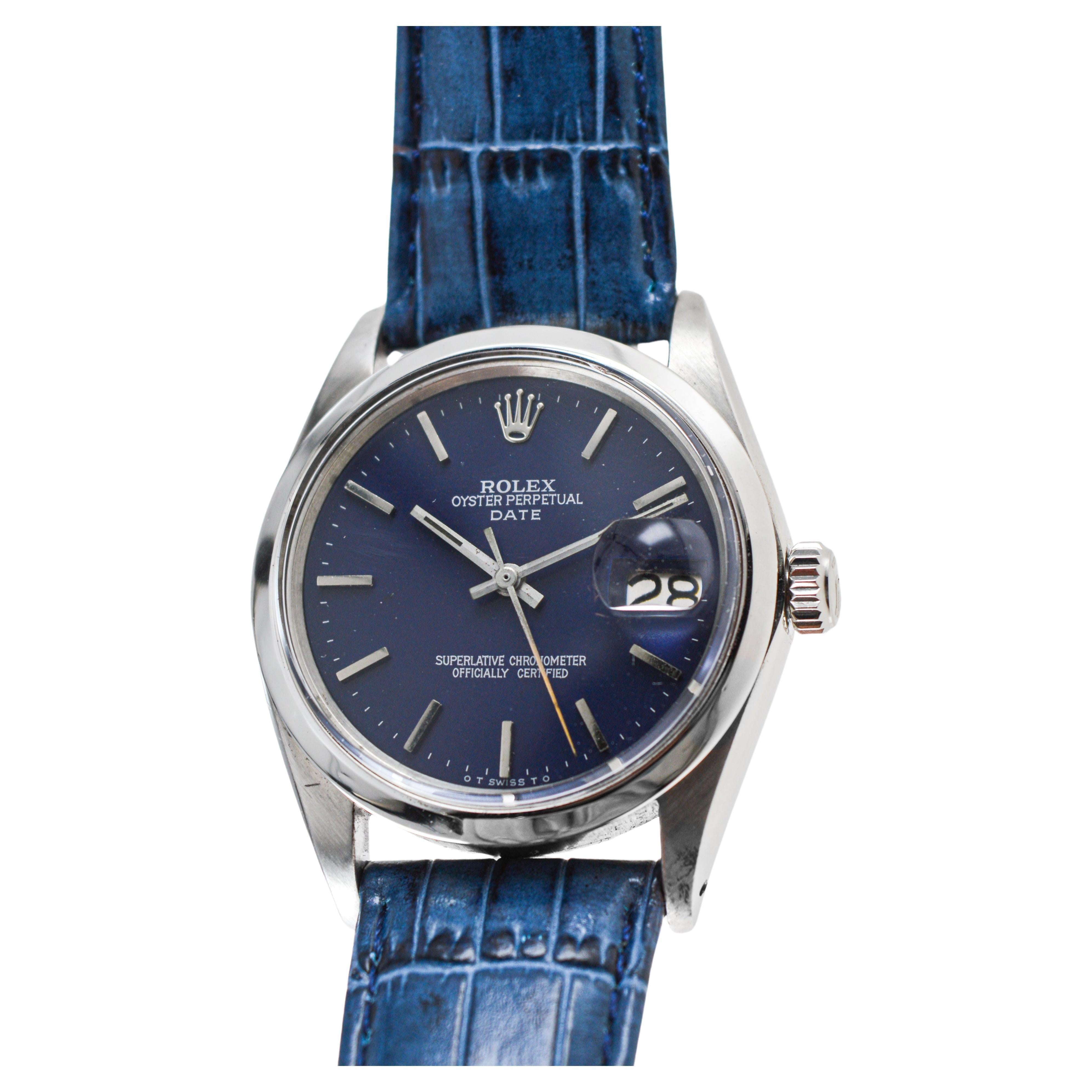 Rolex Steel Oyster Perpetual Date with Custom Made Navy Blue Dial circa, 1970's For Sale 4