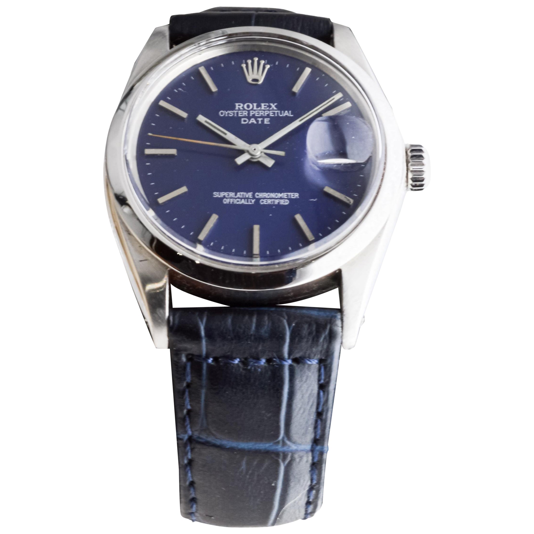 Rolex Steel Oyster Perpetual Date avec cadran bleu marine fait sur mesure circa, 1970's