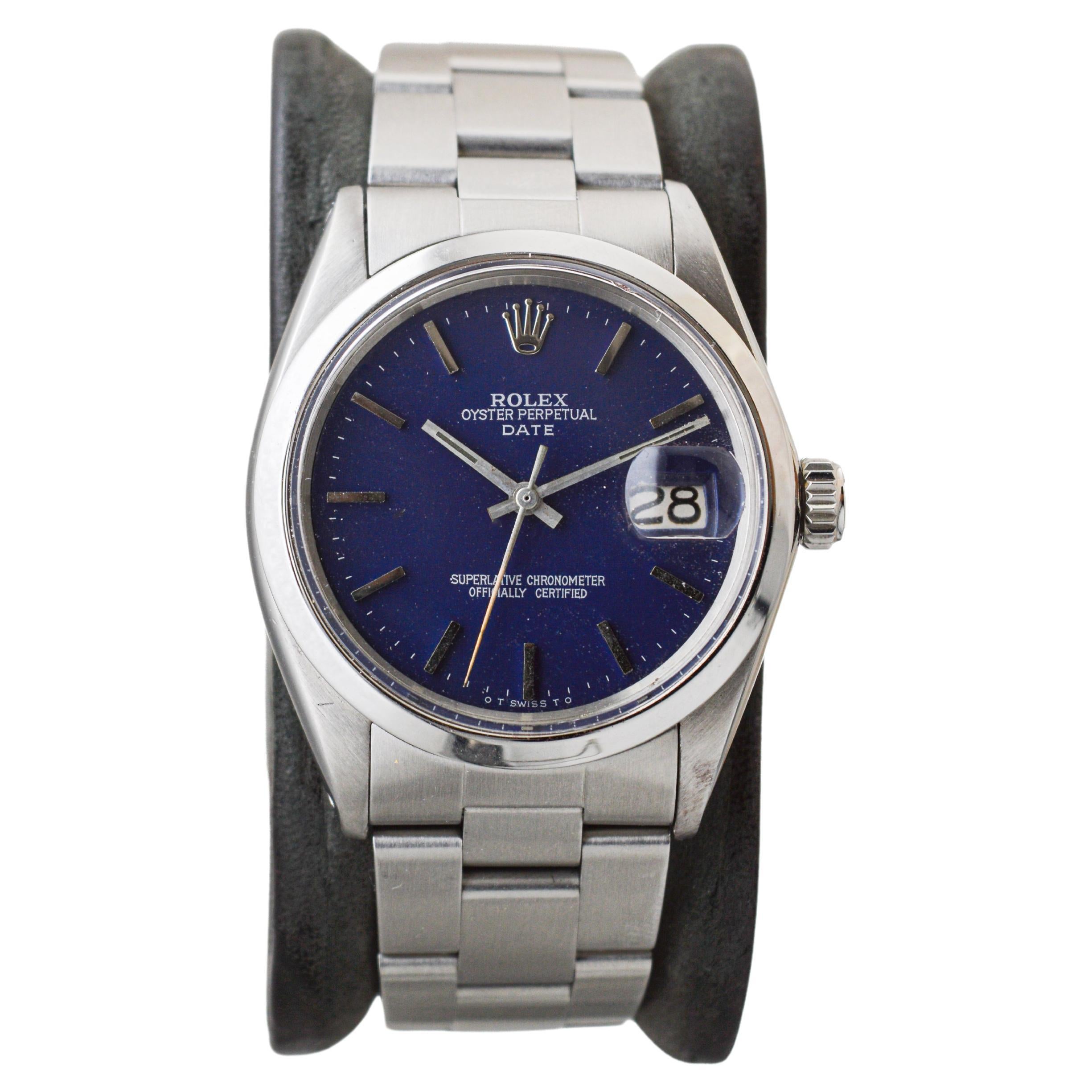 Rolex Steel Oyster Perpetual Date with Custom Made Navy Blue Dial circa, 1970's For Sale