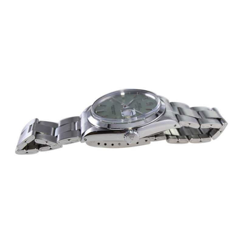Rolex Steel Oyster Perpetual Date with Custom Made Sage Green Dial 1960's In Excellent Condition In Long Beach, CA