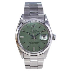 Rolex Stahl Oyster Perpetual Date mit maßgefertigtem salbeigrünem Zifferblatt 1960er Jahre