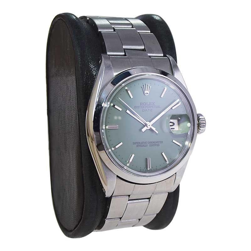 Modern Rolex Steel Oyster Perpetual Date with Custom Made Sage Green Dial 1970's For Sale