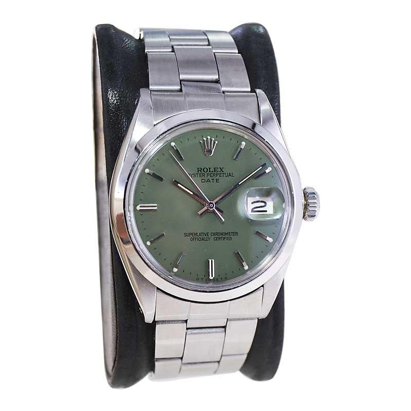 Rolex Steel Oyster Perpetual Date with Custom Made Sage Green Dial 1970's In Excellent Condition For Sale In Long Beach, CA