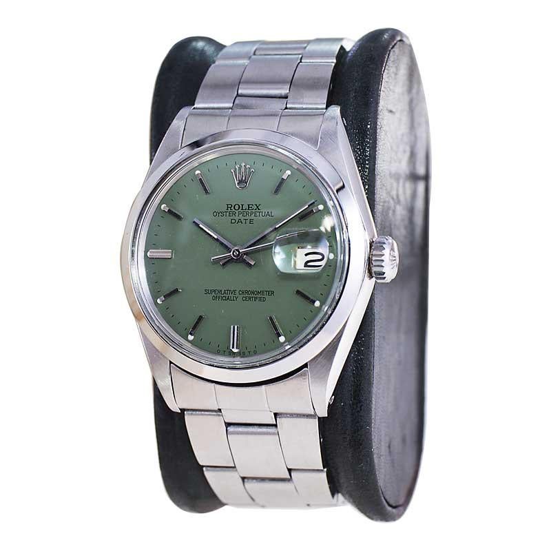 Rolex Steel Oyster Perpetual Date with Custom Made Sage Green Dial 1970's In Excellent Condition For Sale In Long Beach, CA