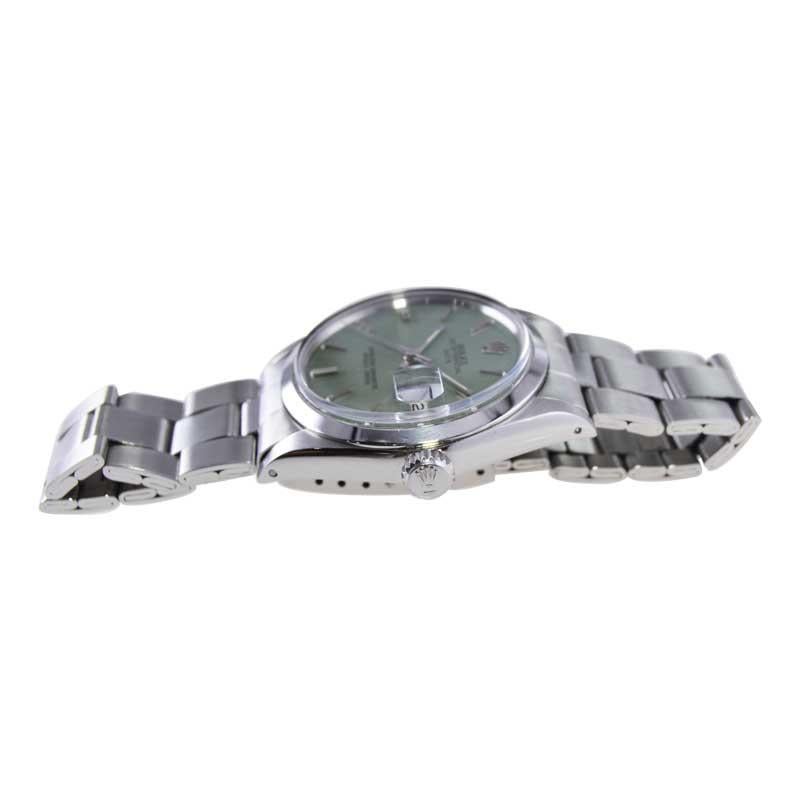 Modern Rolex Steel Oyster Perpetual Date with Custom Made Sage Green Dial 1970's