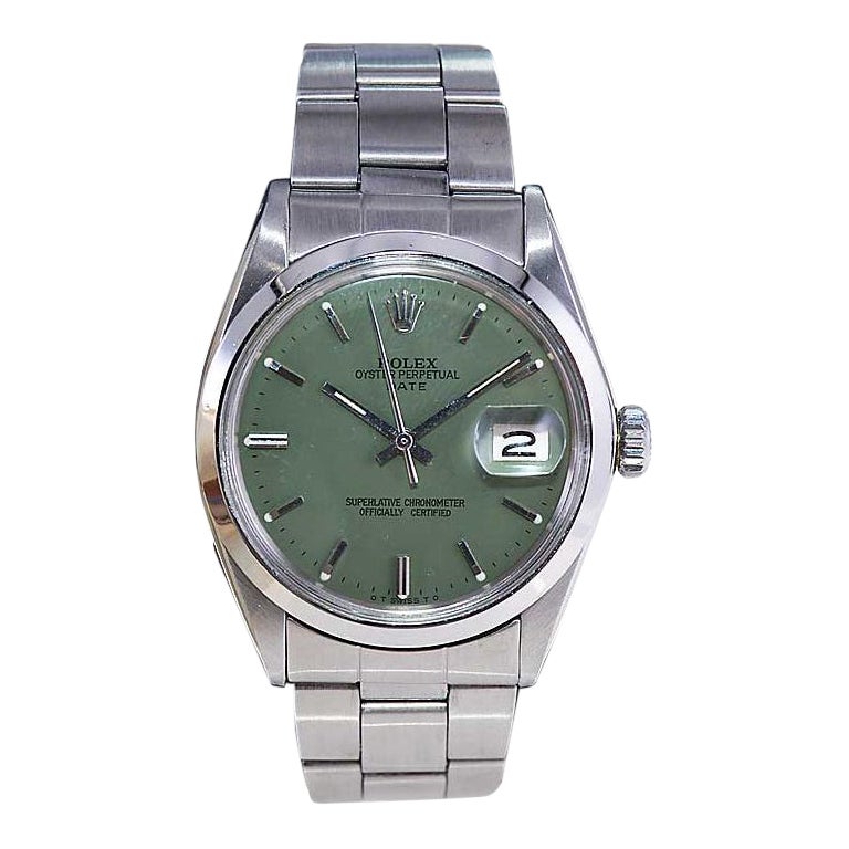 Rolex Steel Oyster Perpetual Date with Custom Made Sage Green Dial 1970's For Sale