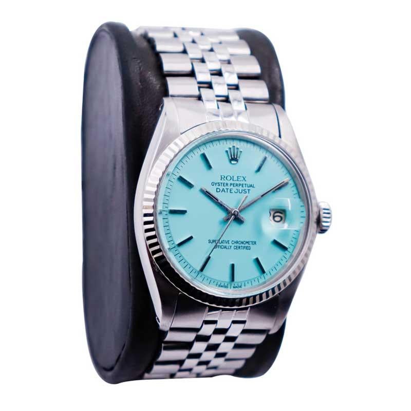 Rolex Steel Oyster Perpetual Date with Custom Made Tiffany Blue Dial, 1970's In Excellent Condition In Long Beach, CA