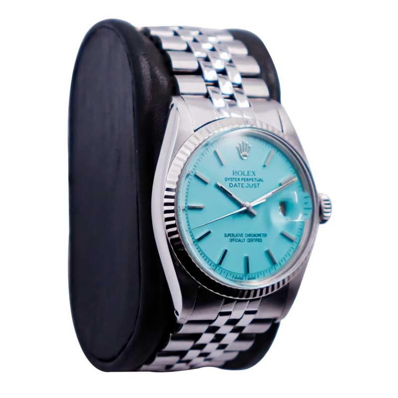 Women's or Men's Rolex Steel Oyster Perpetual Date with Custom Made Tiffany Blue Dial, 1970's