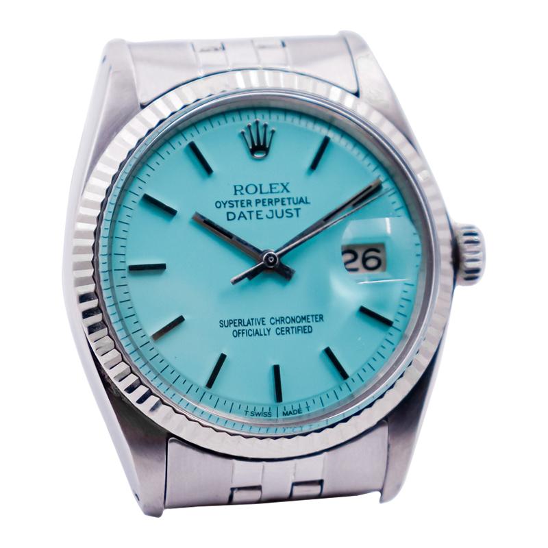 Rolex Steel Oyster Perpetual Date with Custom Made Tiffany Blue Dial, 1970s In Excellent Condition In Long Beach, CA