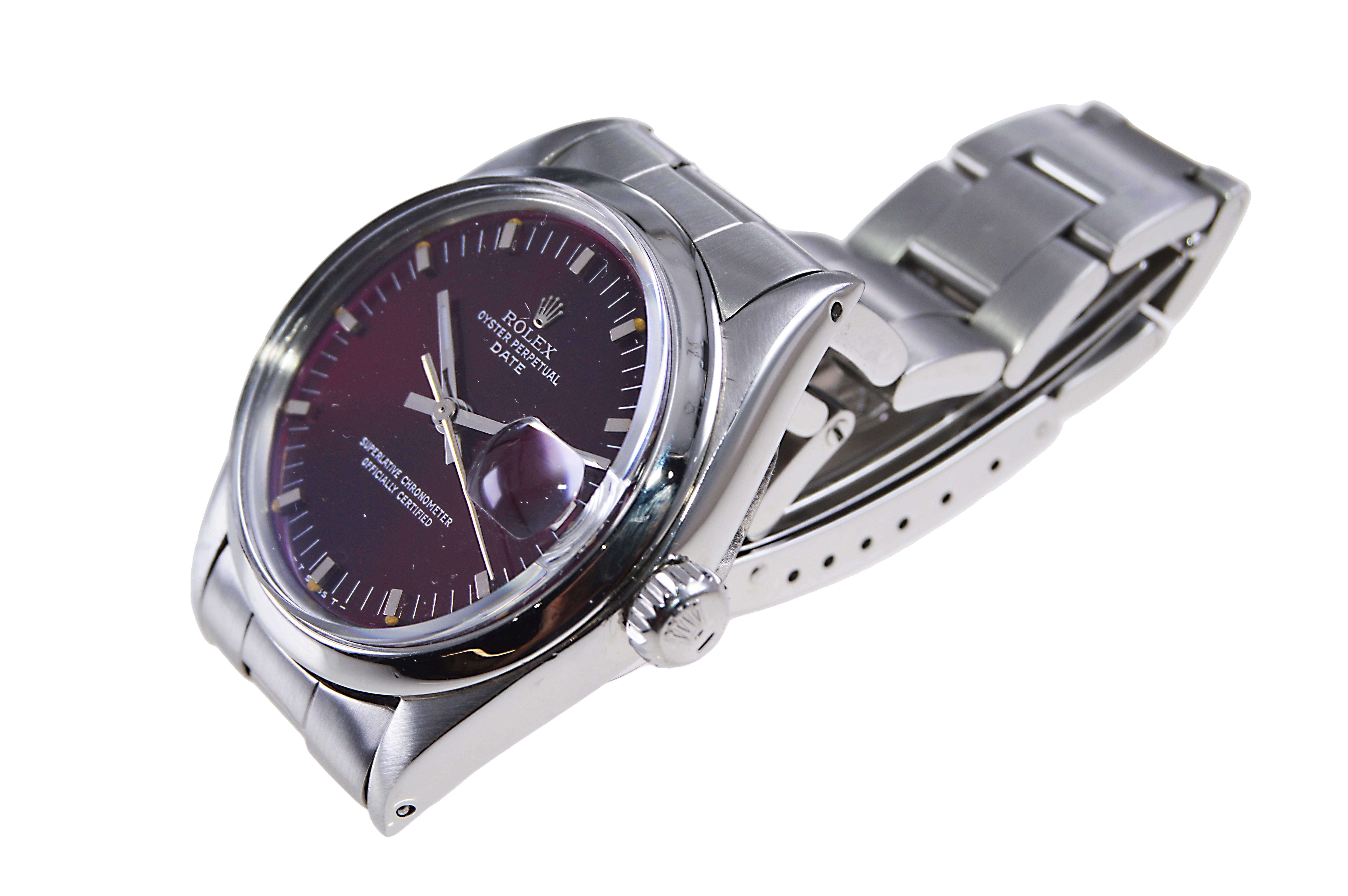 Rolex Steel Oyster Perpetual Date with Custom Maroon Dial 1960's / 70's For Sale 2