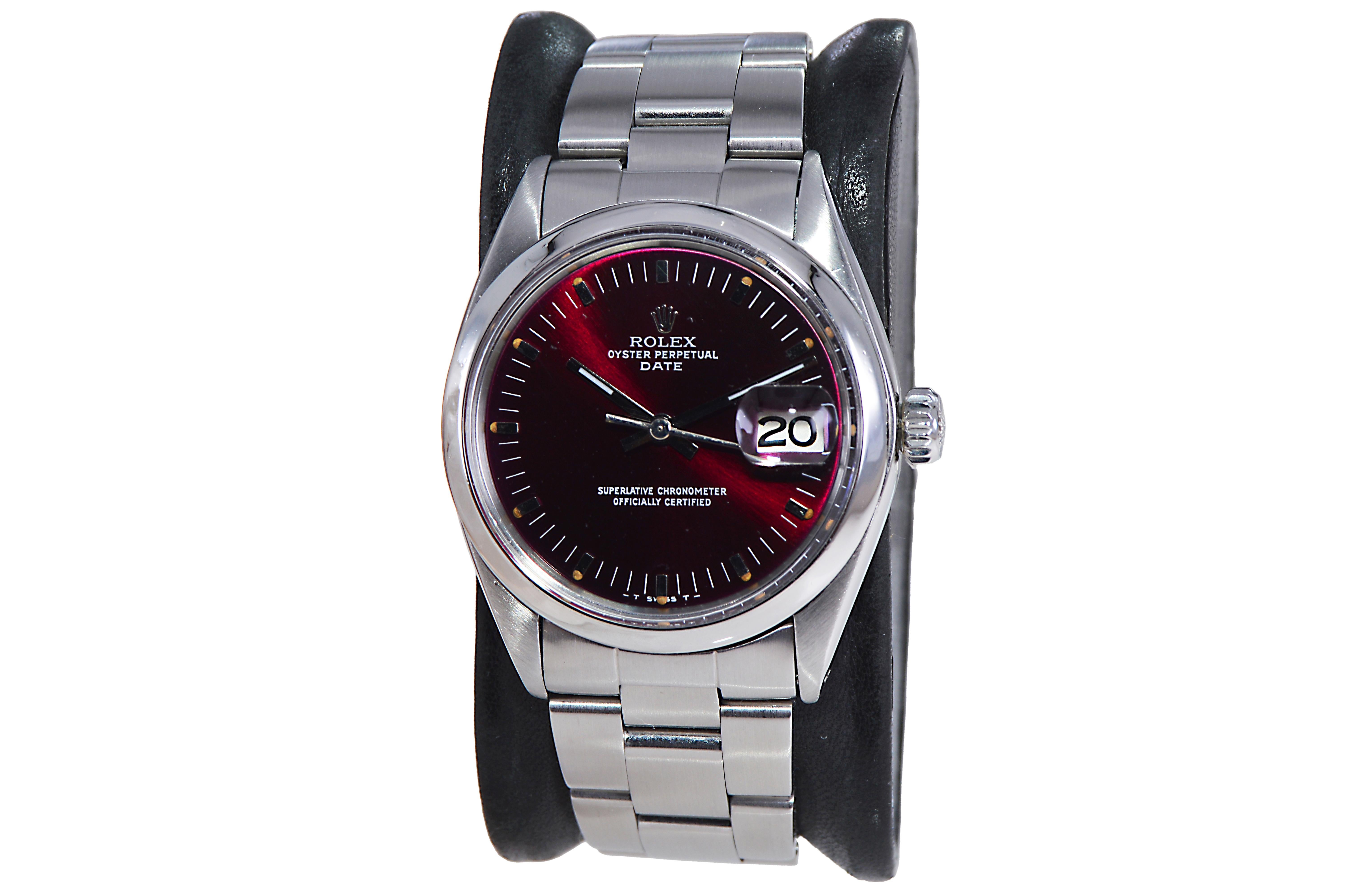 Modernist Rolex Steel Oyster Perpetual Date with Custom Maroon Dial 1960's / 70's For Sale