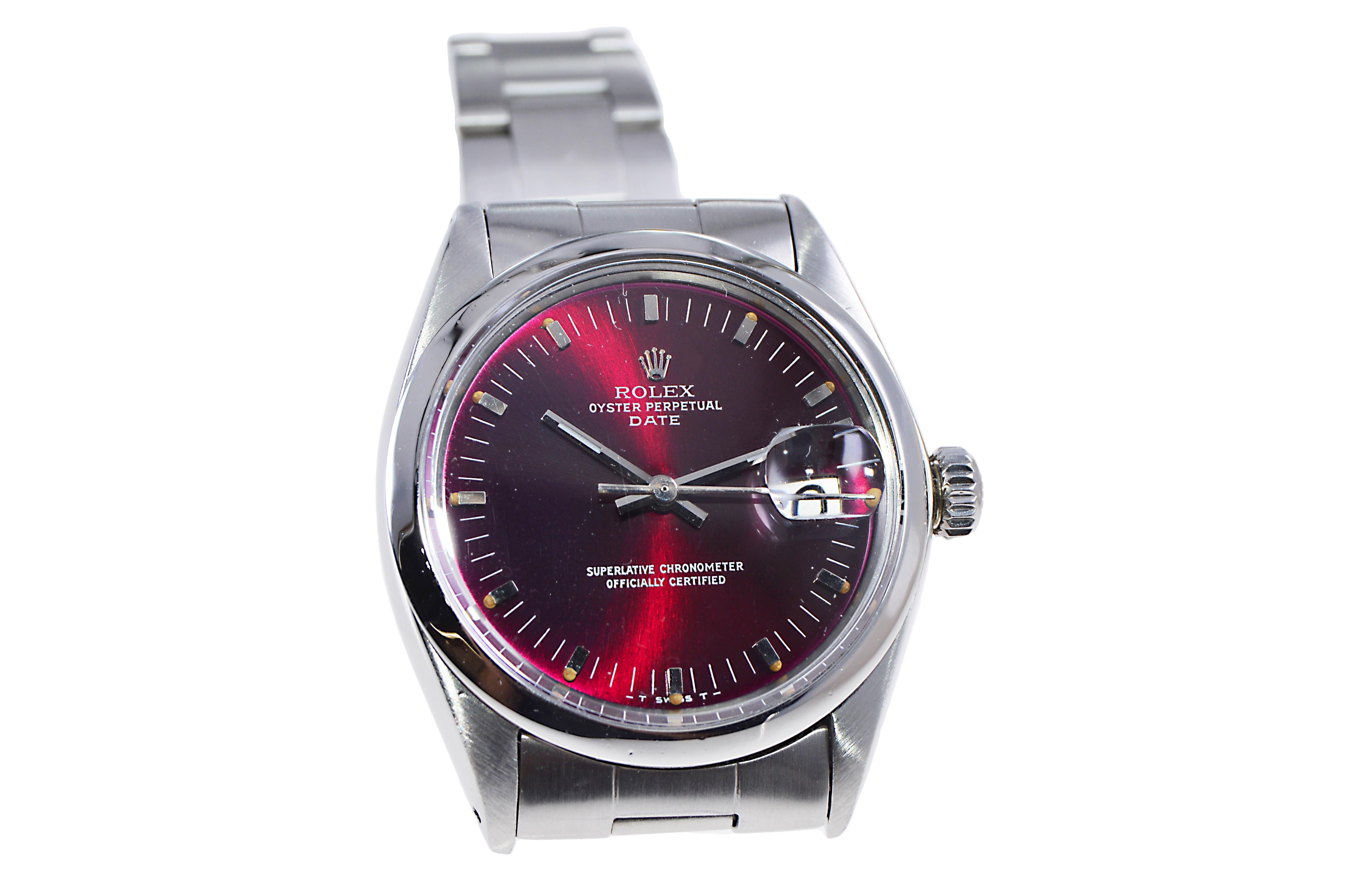 Rolex Steel Oyster Perpetual Date with Custom Maroon Dial 1960's / 70's For Sale 1