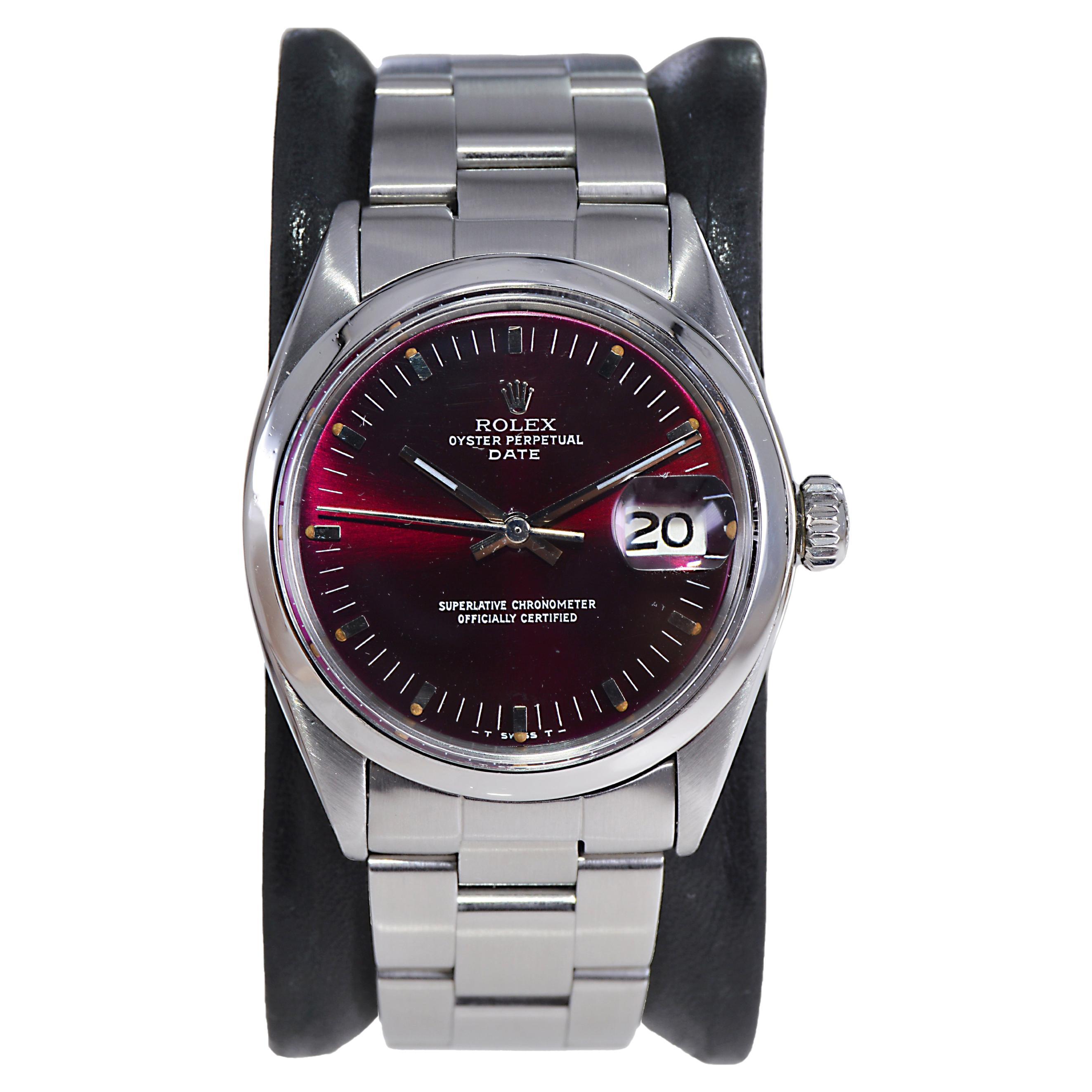 Rolex Steel Oyster Perpetual Date with Custom Maroon Dial 1960's / 70's For Sale