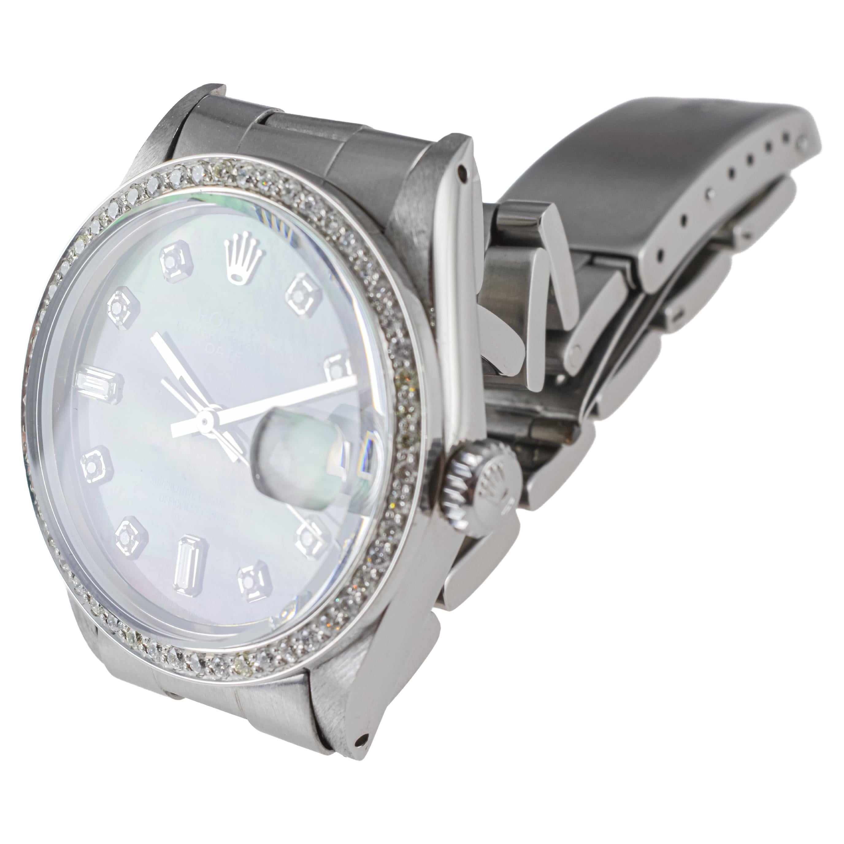 Rolex Steel Oyster Perpetual Date With Custom Mother of Pearl Dial and Bezel For Sale 6