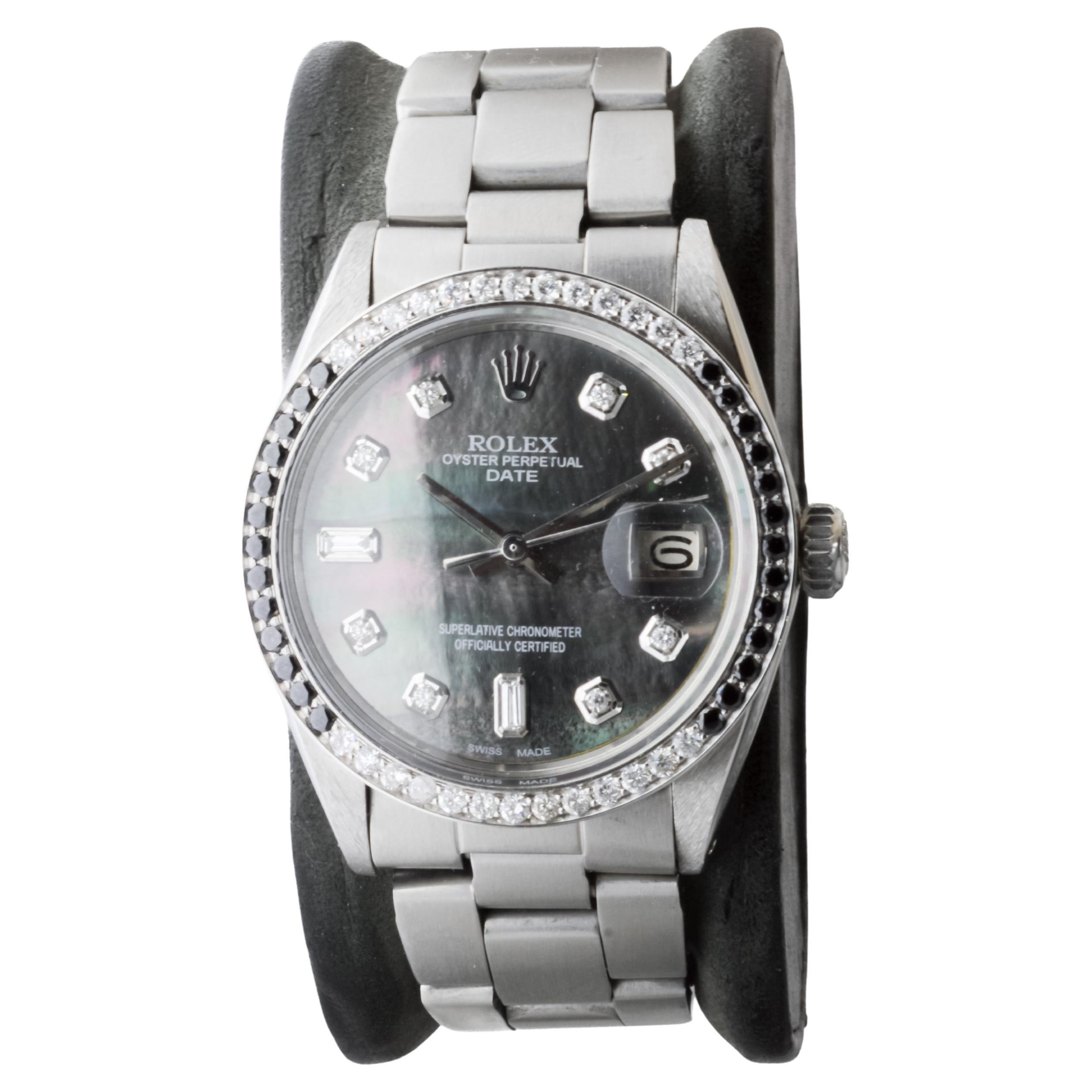 Rolex Steel Oyster Perpetual Date With Custom Mother of Pearl Dial and Bezel For Sale 1