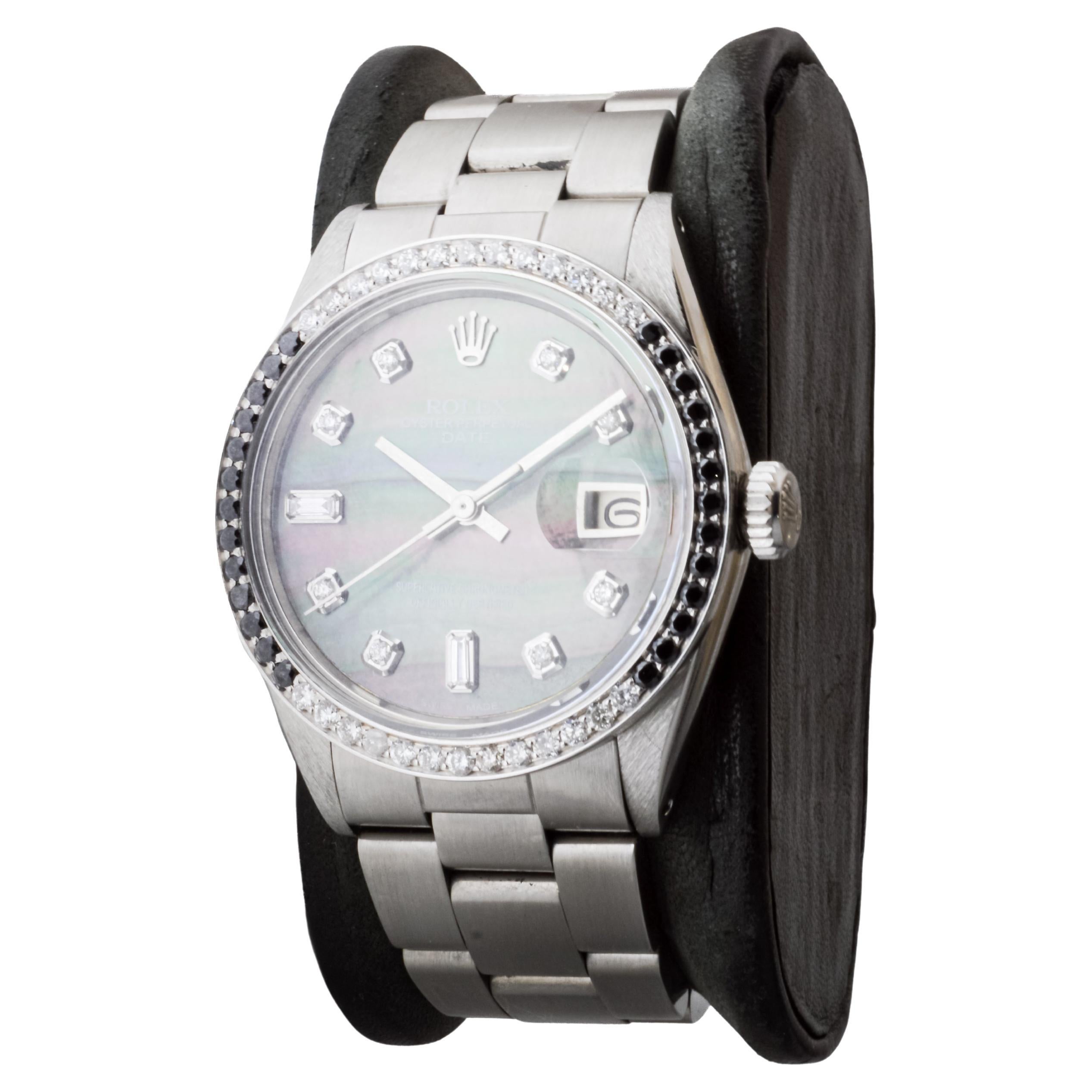 Rolex Steel Oyster Perpetual Date With Custom Mother of Pearl Dial and Bezel For Sale 2