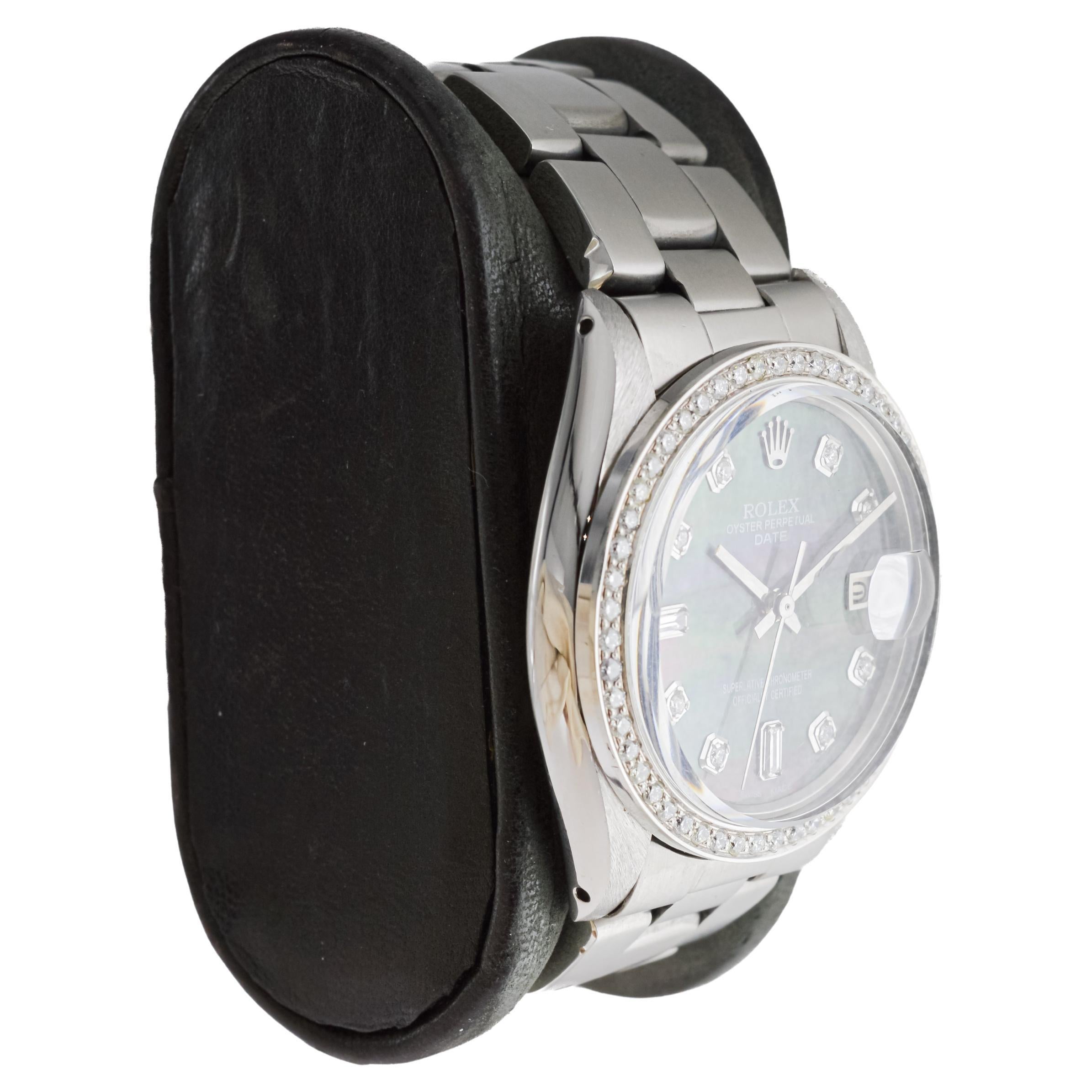 FACTORY / HOUSE: Rolex Watch Company
STYLE / REFERENCE: Oyster Perpetual Date / Reference 1500
METAL / MATERIAL: Stainless Steel with Custom Diamond Bezel
CIRCA / YEAR: 1970's
DIMENSIONS / SIZE: Length 41mm X Diameter 35mm
MOVEMENT / CALIBER: Manual