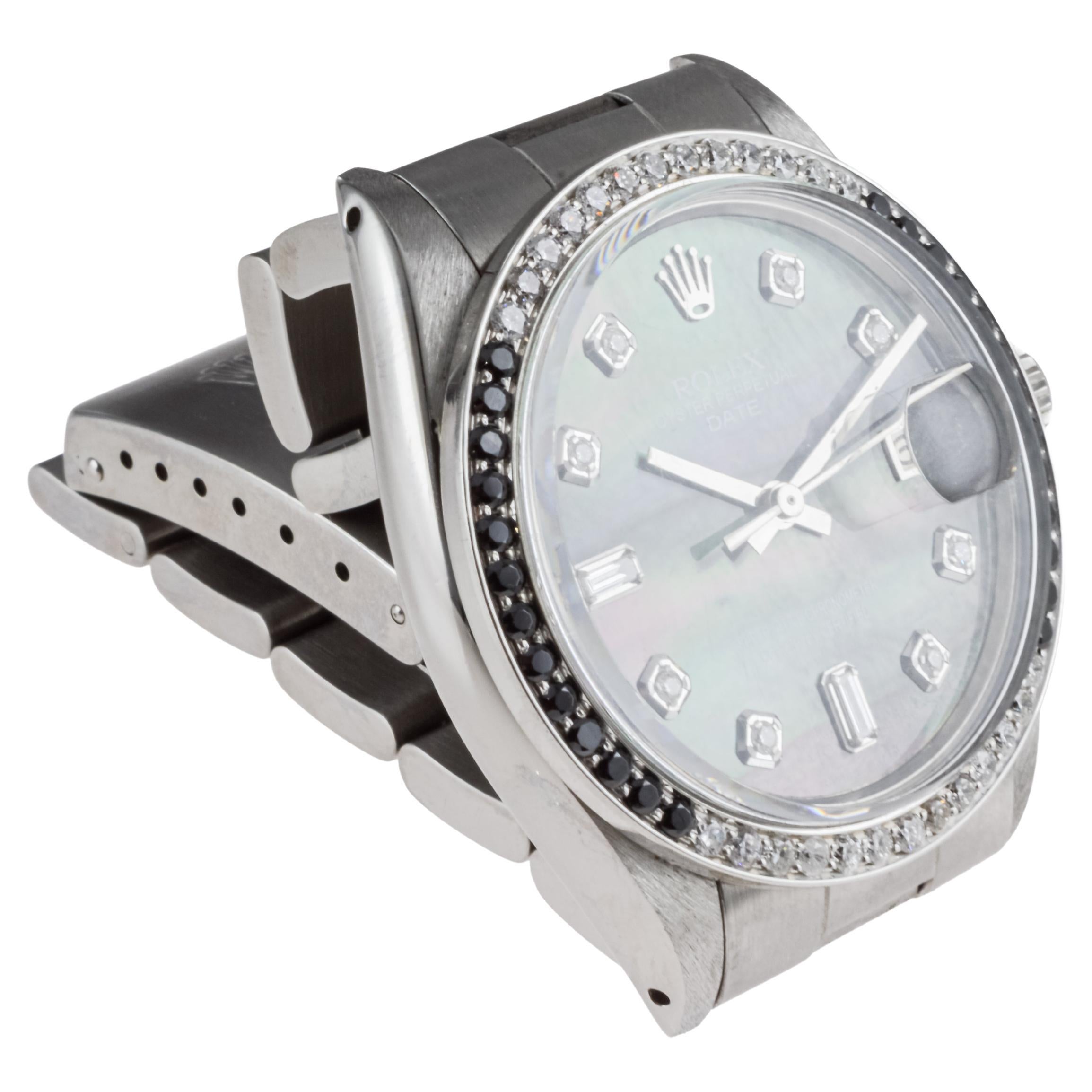Rolex Steel Oyster Perpetual Date With Custom Mother of Pearl Dial and Bezel For Sale 3