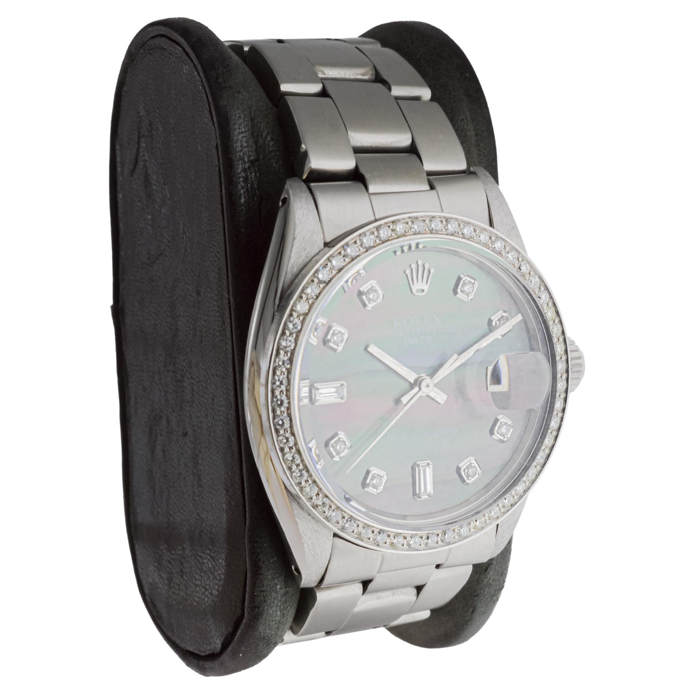 Modern Rolex Steel Oyster Perpetual Date With Custom Mother of Pearl Dial and Bezel For Sale