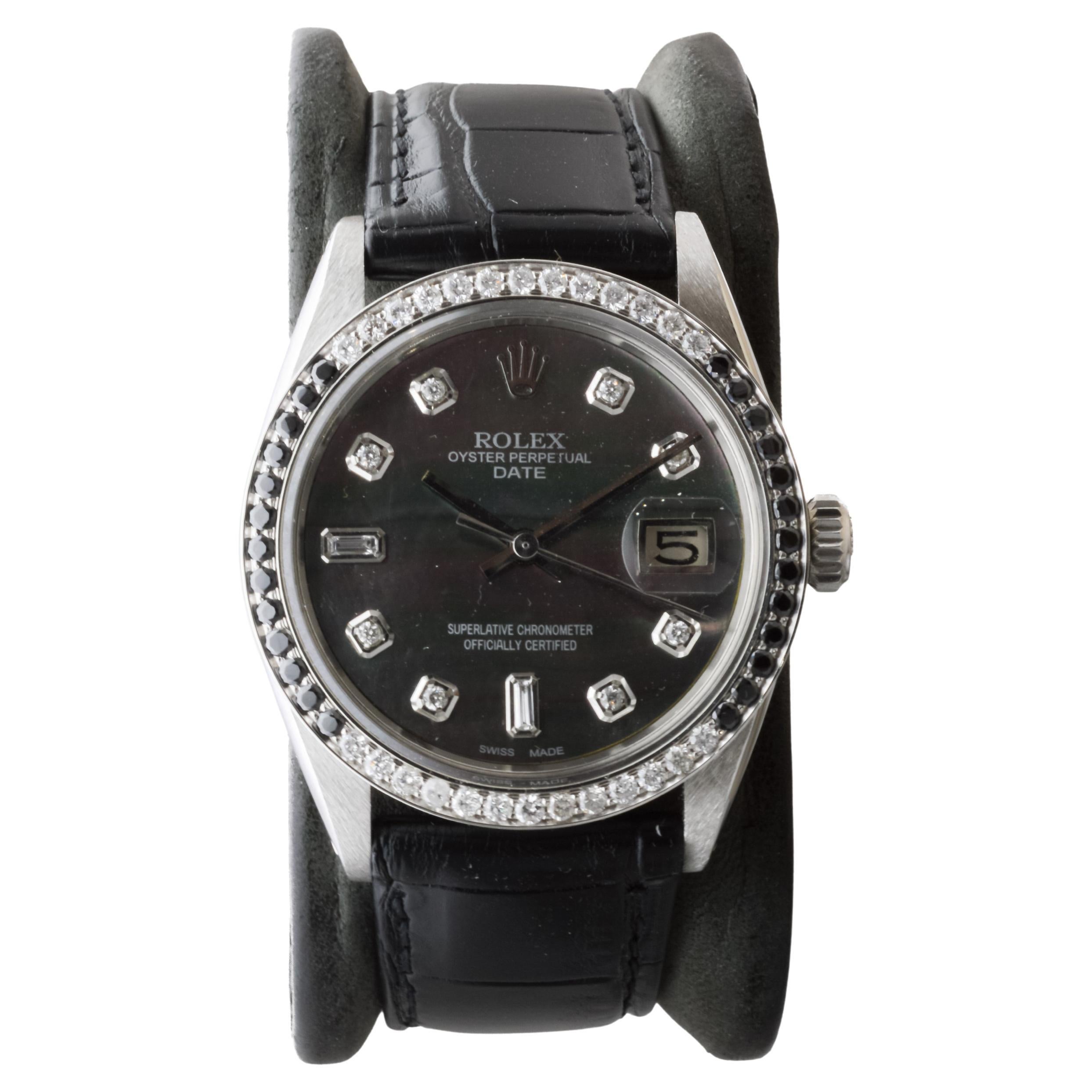 Rolex Steel Oyster Perpetual Date With Custom Mother of Pearl Dial and Bezel In Excellent Condition For Sale In Long Beach, CA