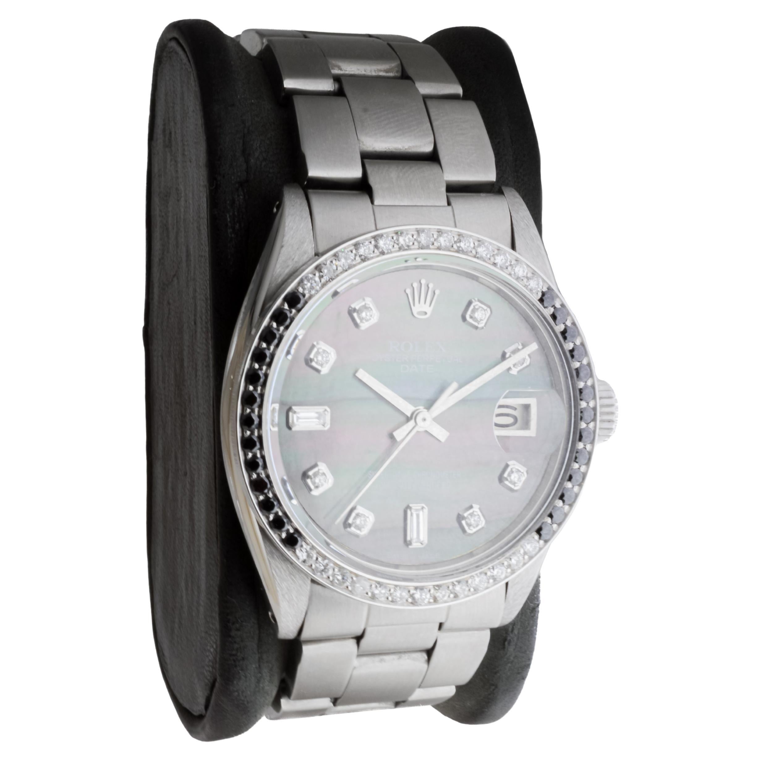 Modern Rolex Steel Oyster Perpetual Date With Custom Mother of Pearl Dial and Bezel For Sale