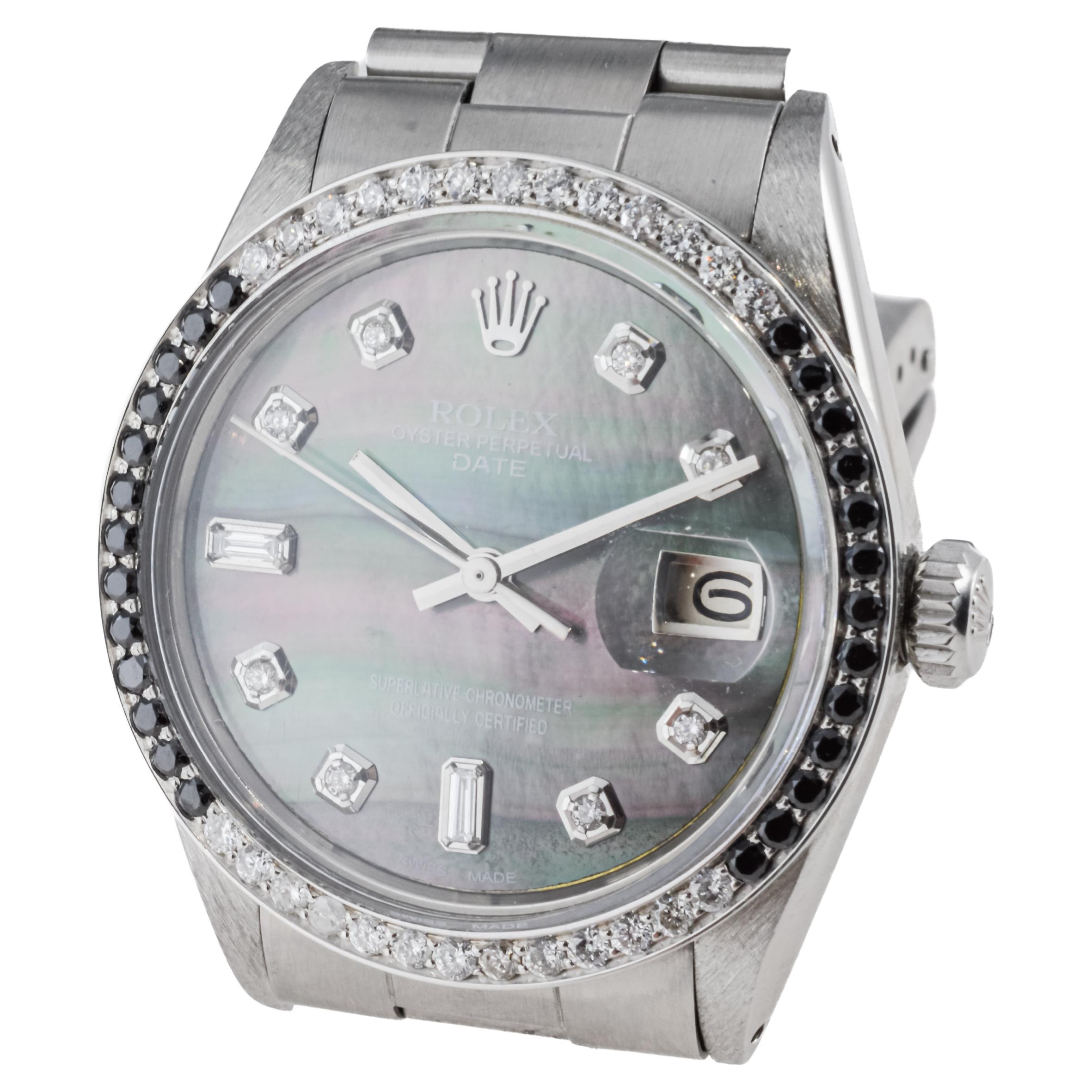 Rolex Steel Oyster Perpetual Date With Custom Mother of Pearl Dial and Bezel For Sale 4