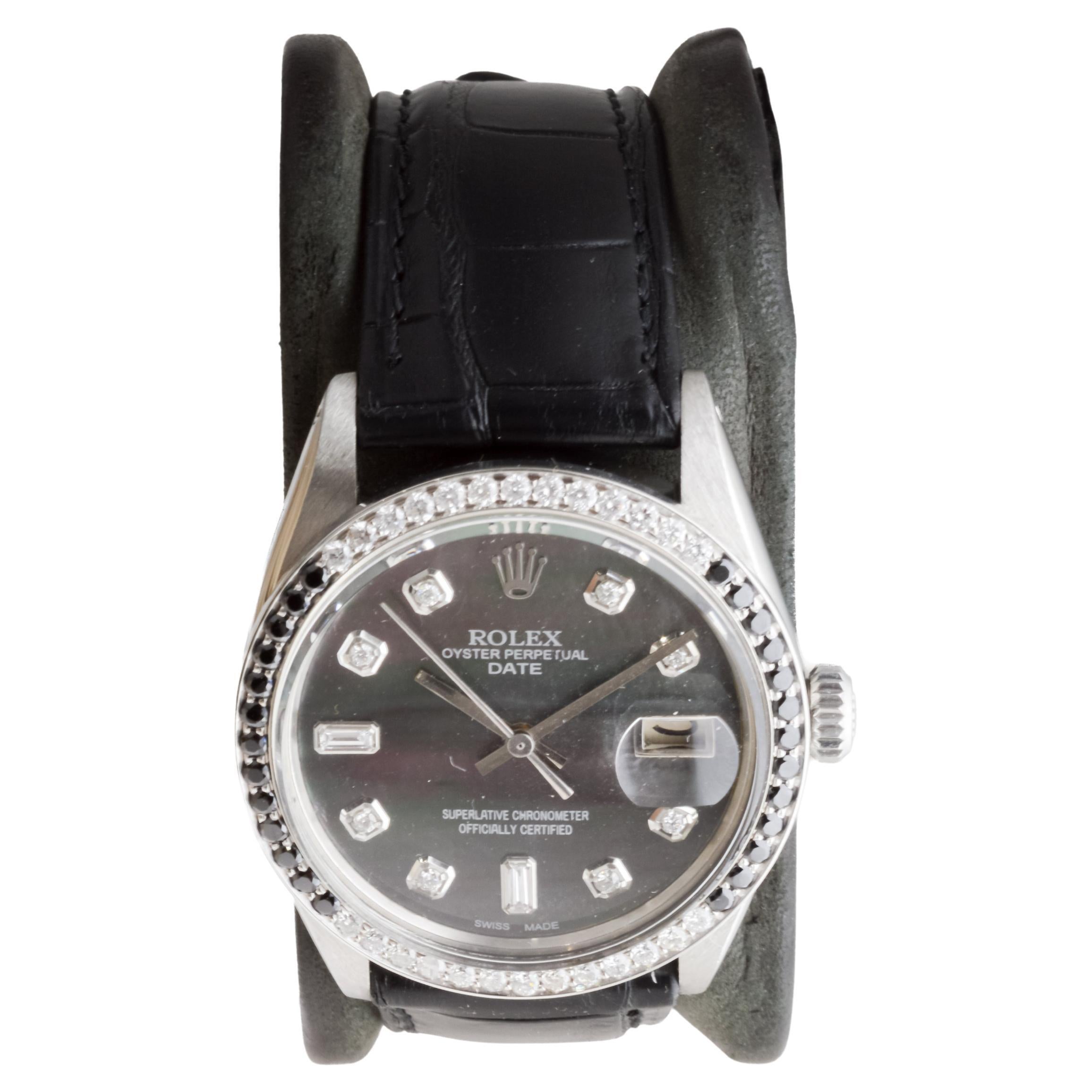 Women's or Men's Rolex Steel Oyster Perpetual Date With Custom Mother of Pearl Dial and Bezel For Sale