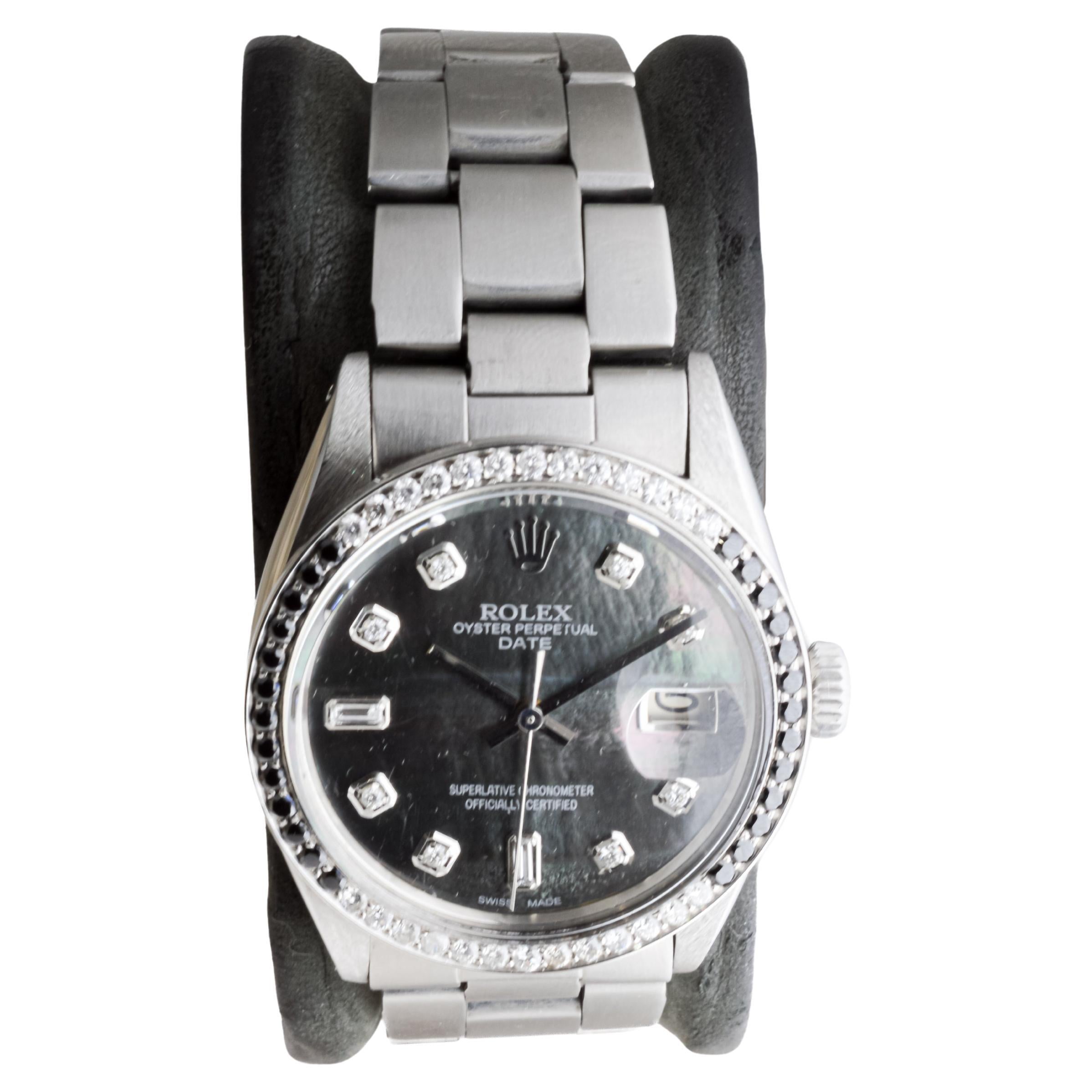 Rolex Steel Oyster Perpetual Date With Custom Mother of Pearl Dial and Bezel In Excellent Condition For Sale In Long Beach, CA