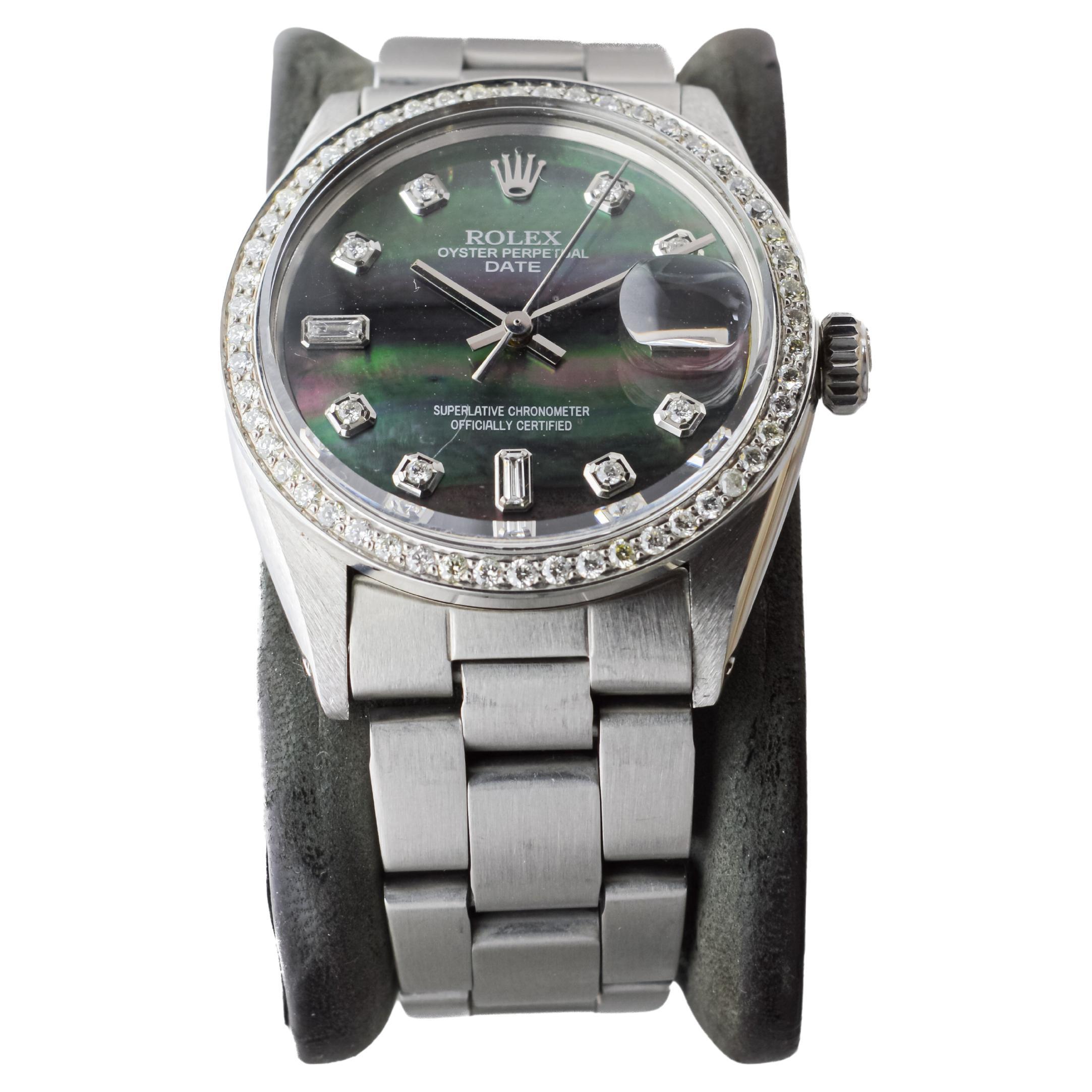 Women's or Men's Rolex Steel Oyster Perpetual Date With Custom Mother of Pearl Dial and Bezel For Sale