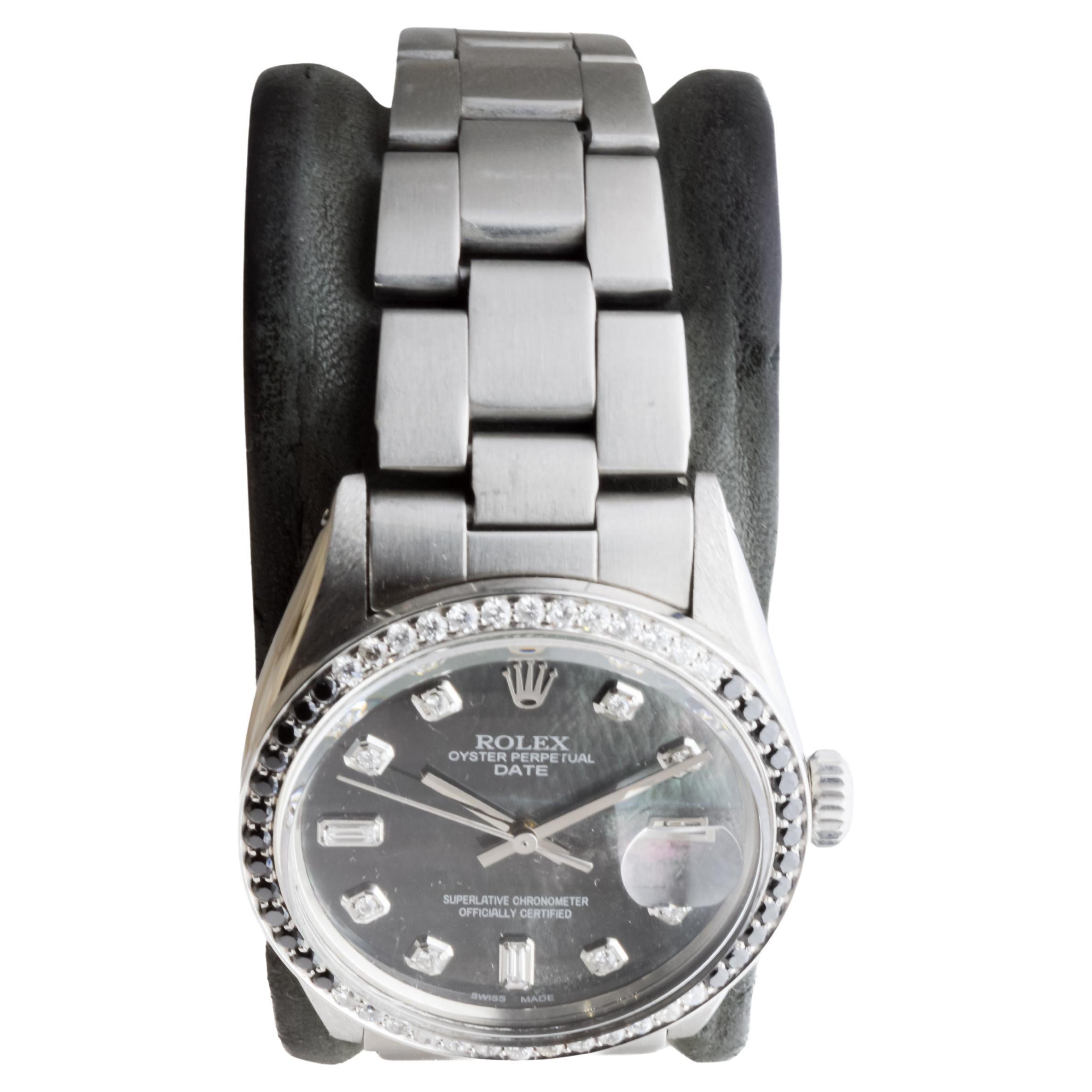 Women's or Men's Rolex Steel Oyster Perpetual Date With Custom Mother of Pearl Dial and Bezel For Sale