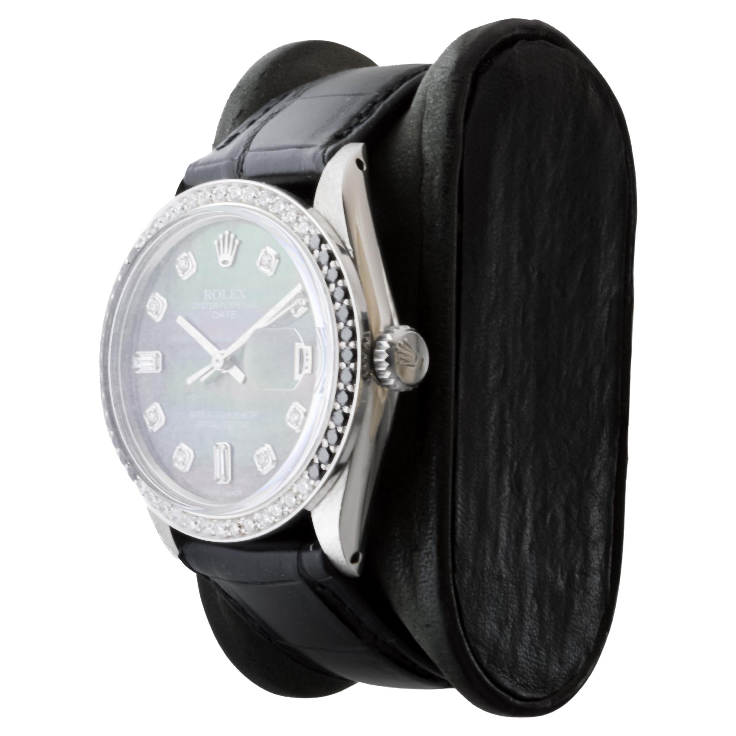Rolex Steel Oyster Perpetual Date With Custom Mother of Pearl Dial and Bezel For Sale 2