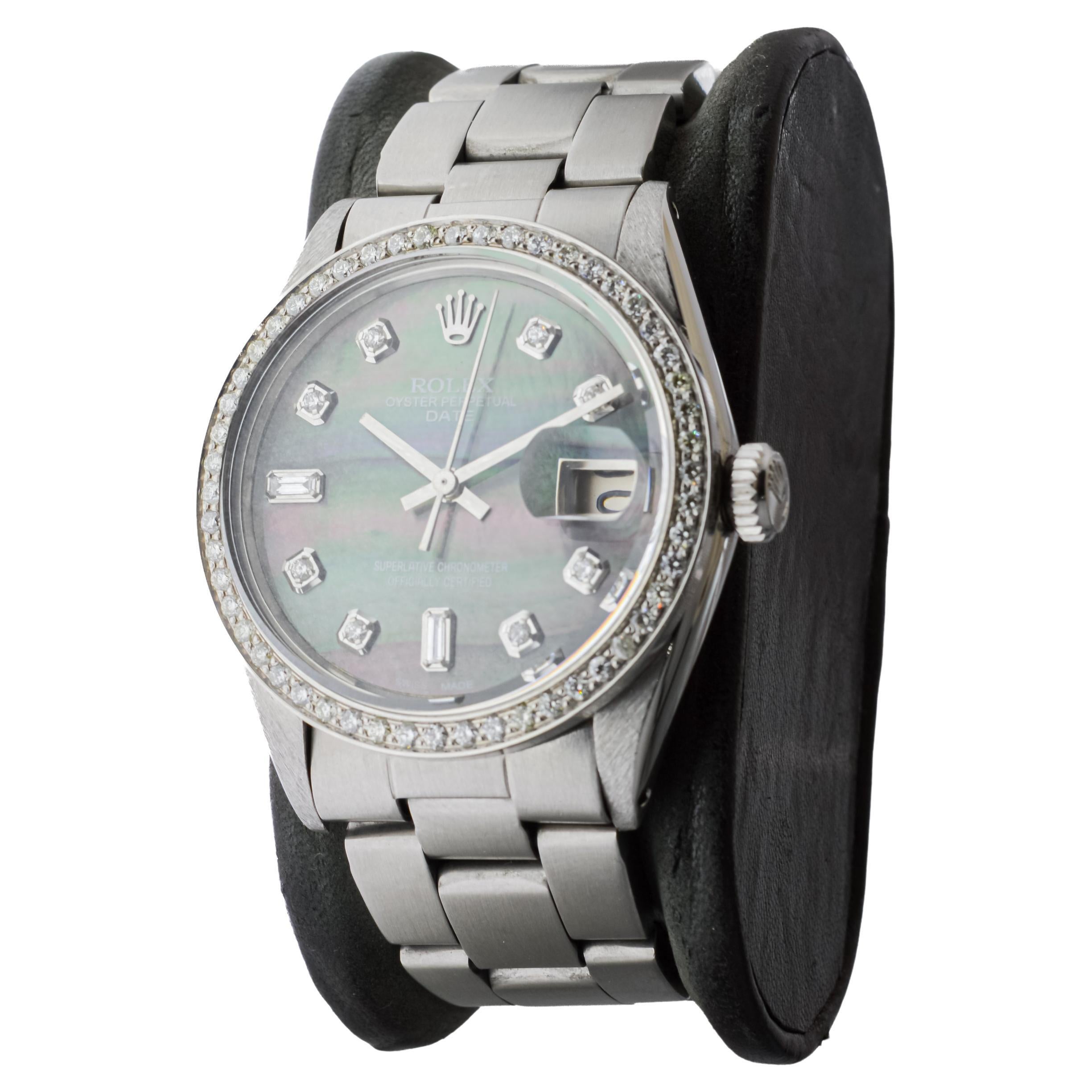 Rolex Steel Oyster Perpetual Date With Custom Mother of Pearl Dial and Bezel For Sale 2