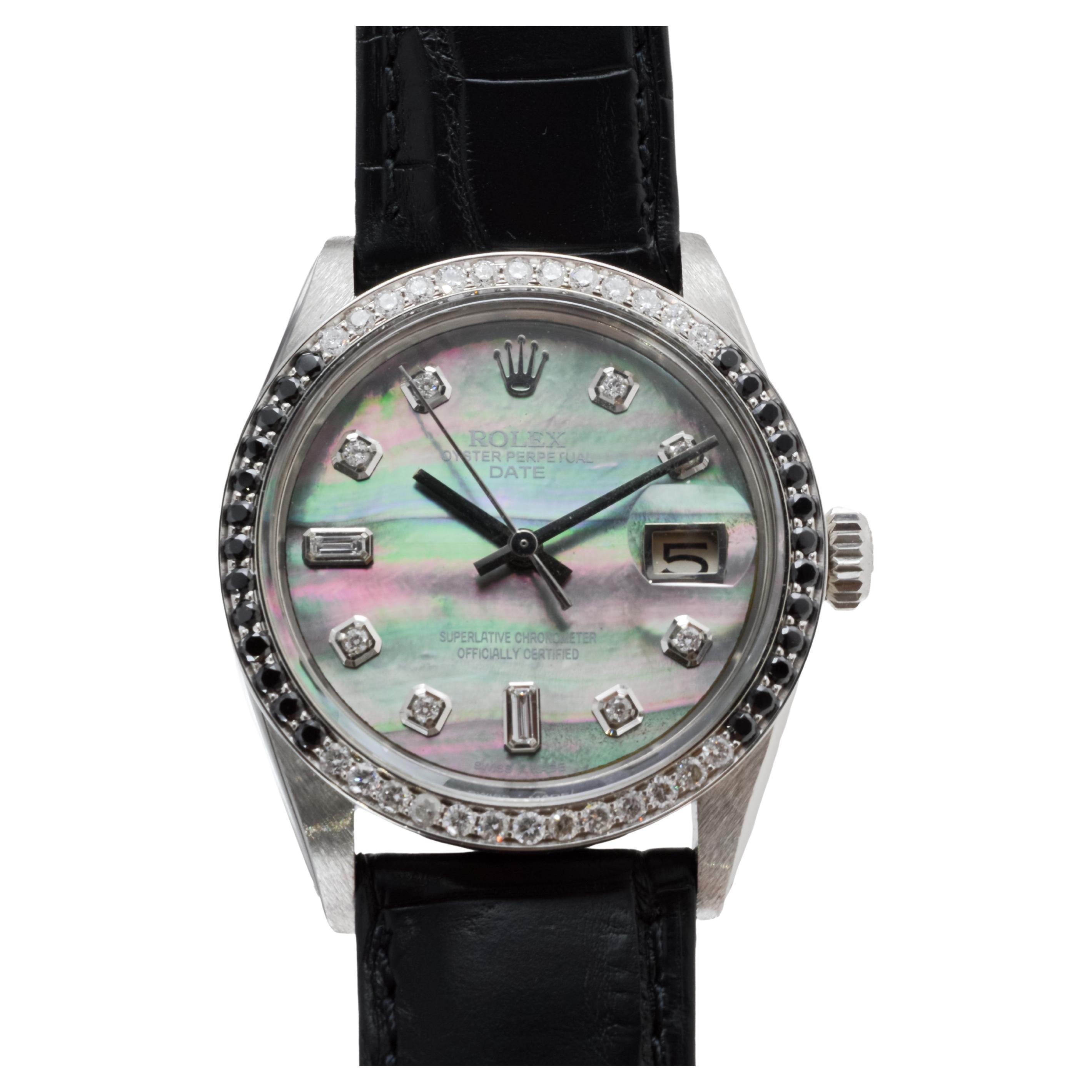 Rolex Steel Oyster Perpetual Date With Custom Mother of Pearl Dial and Bezel For Sale 3