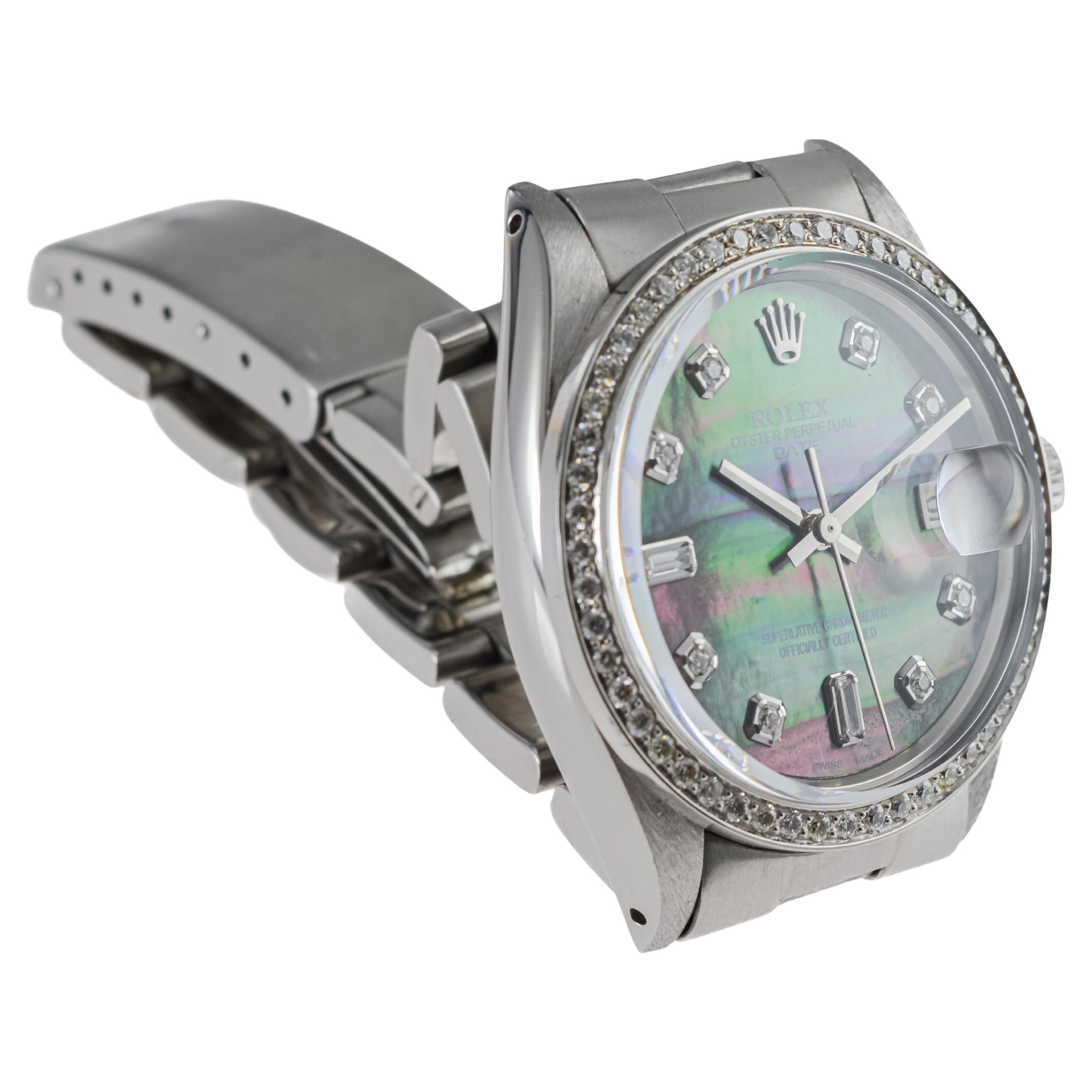 Rolex Steel Oyster Perpetual Date With Custom Mother of Pearl Dial and Bezel For Sale 3
