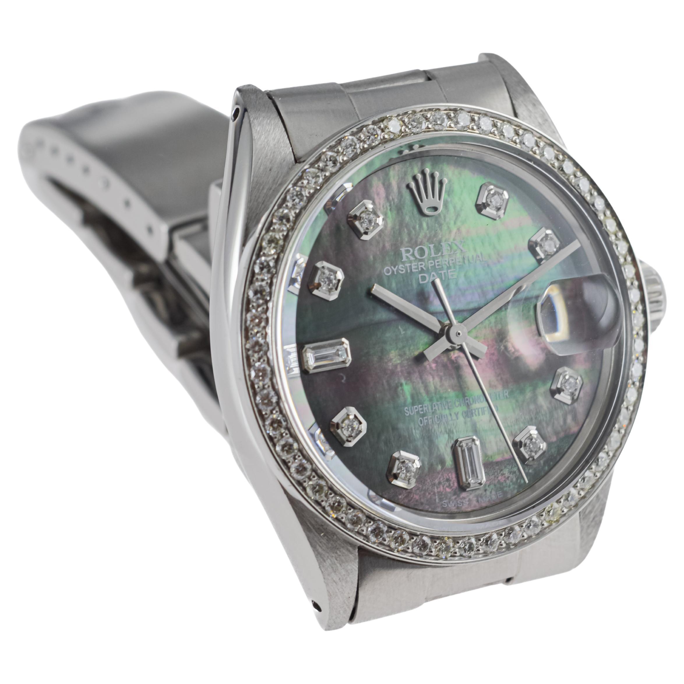 Rolex Steel Oyster Perpetual Date With Custom Mother of Pearl Dial and Bezel For Sale 4