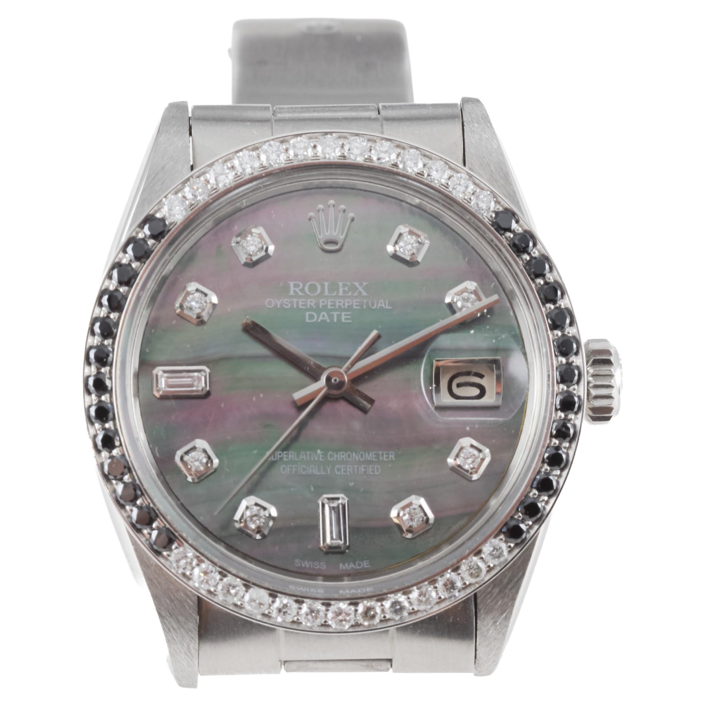 Rolex Steel Oyster Perpetual Date With Custom Mother of Pearl Dial and Bezel For Sale 5